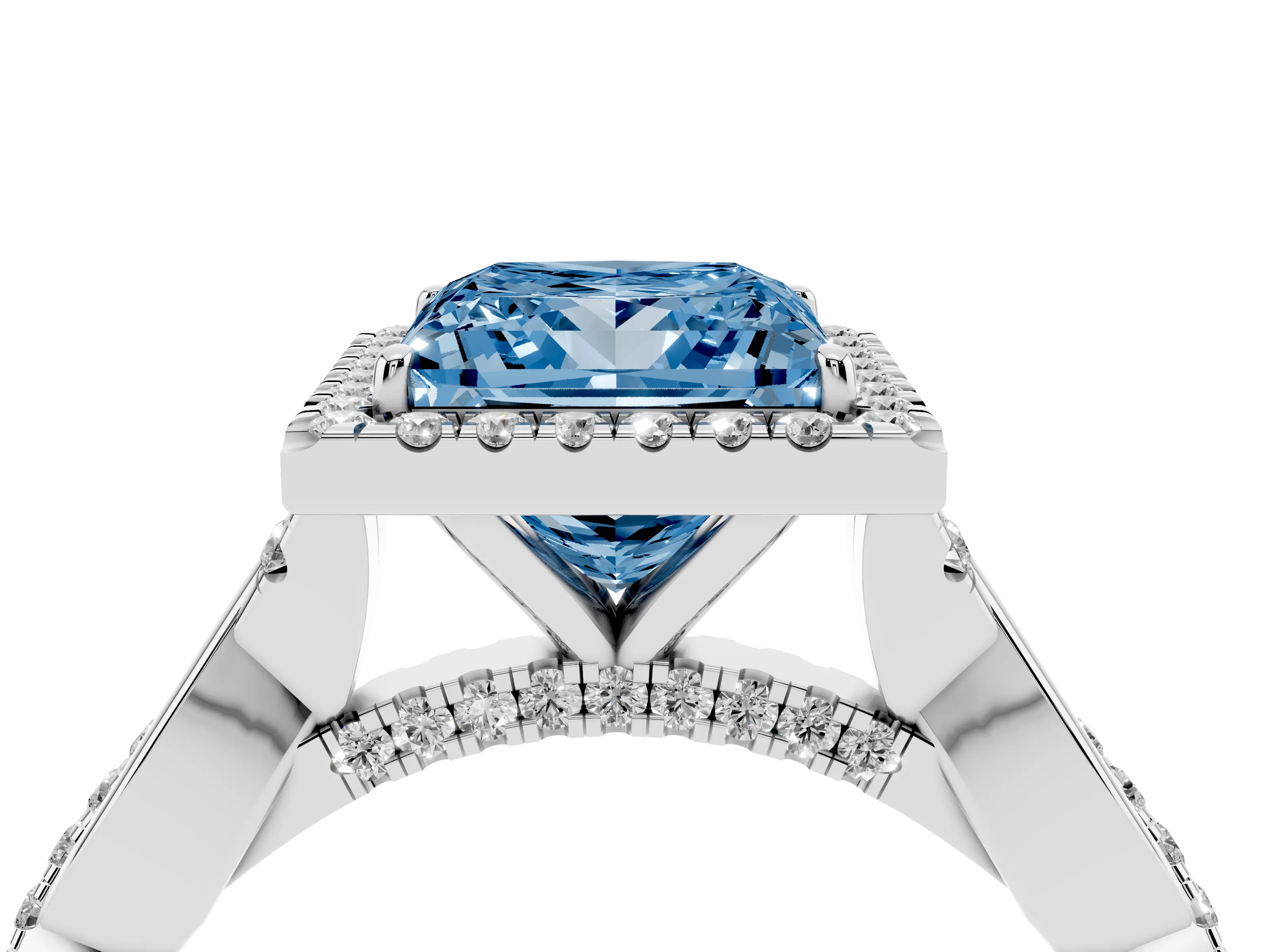 Fancy Blue Princess Cut Diamond Halo Twist Band Solitaire Ring Set in Silver with Prong Setting