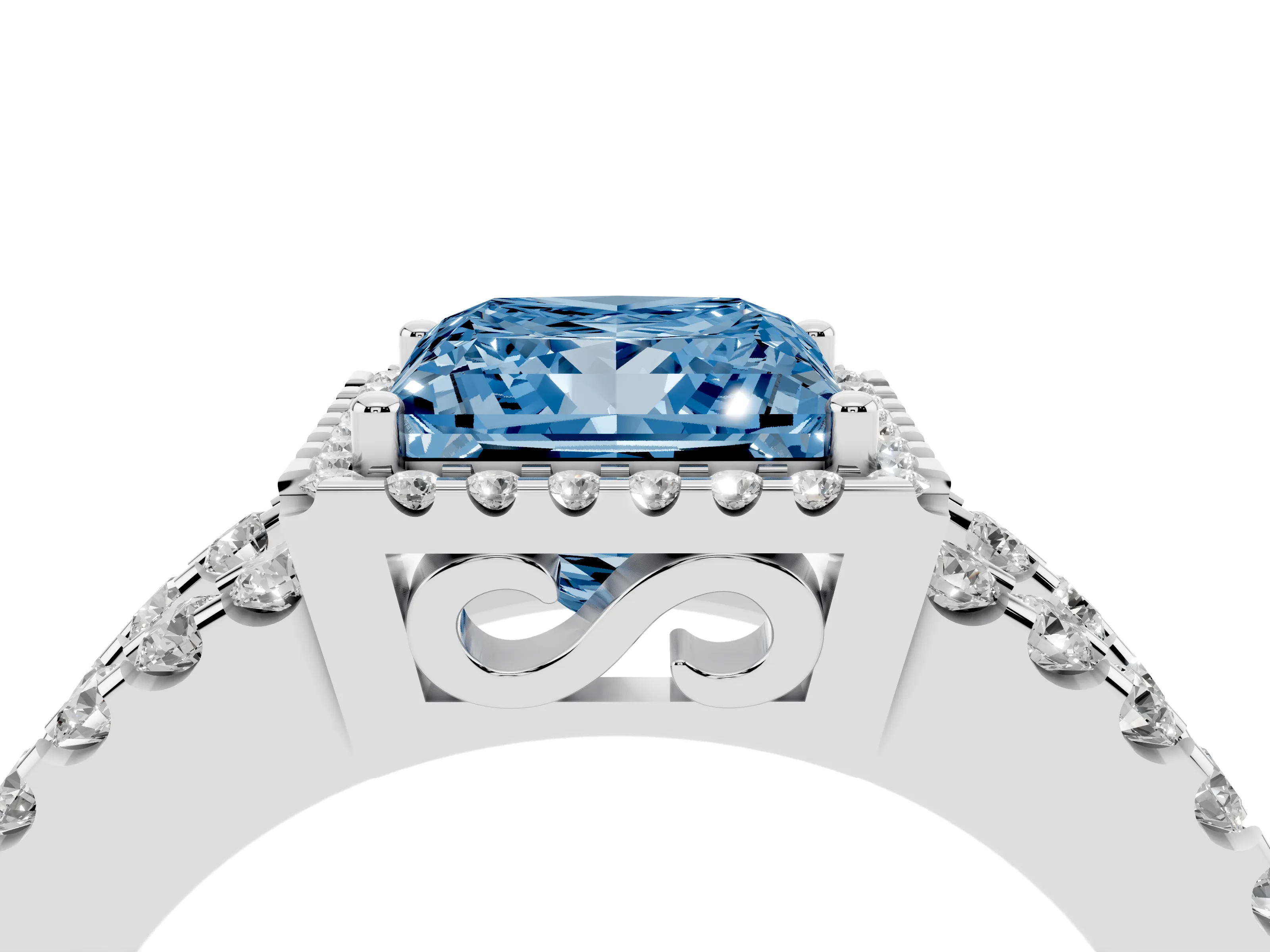 Fancy Blue Princess Cut Diamond Halo Ring Set in White gold with Pavé Split Shank and Prong Setting