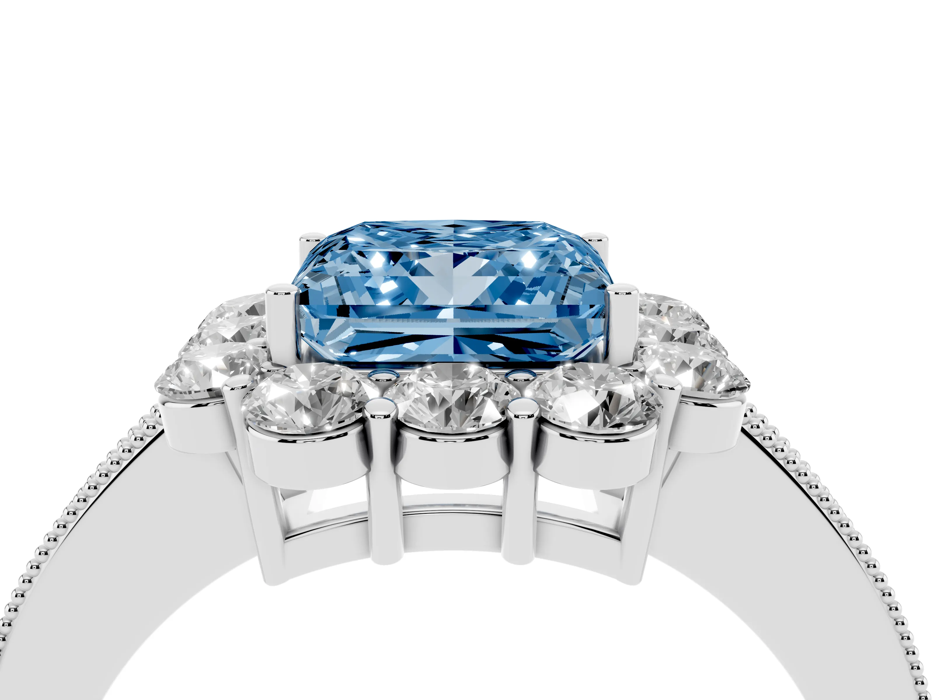 Fancy Blue Princess Cut Diamond Halo Pavé Engagement Ring Set in Platinum with Milgrain Detailing