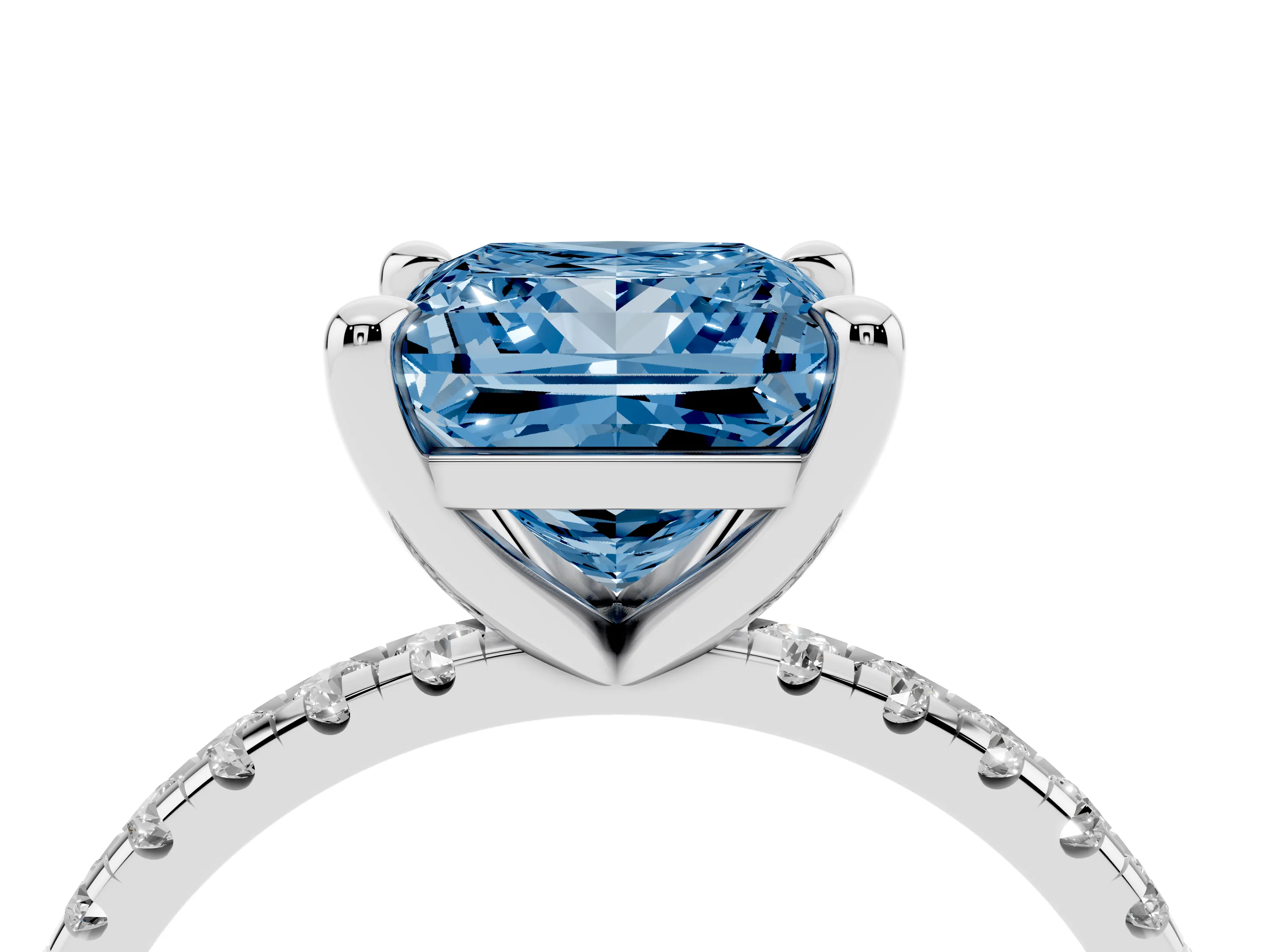 Fancy Blue Princess Cut Diamond Brilliant Solitaire Ring Set in White gold with Pavé Band and Prong Setting