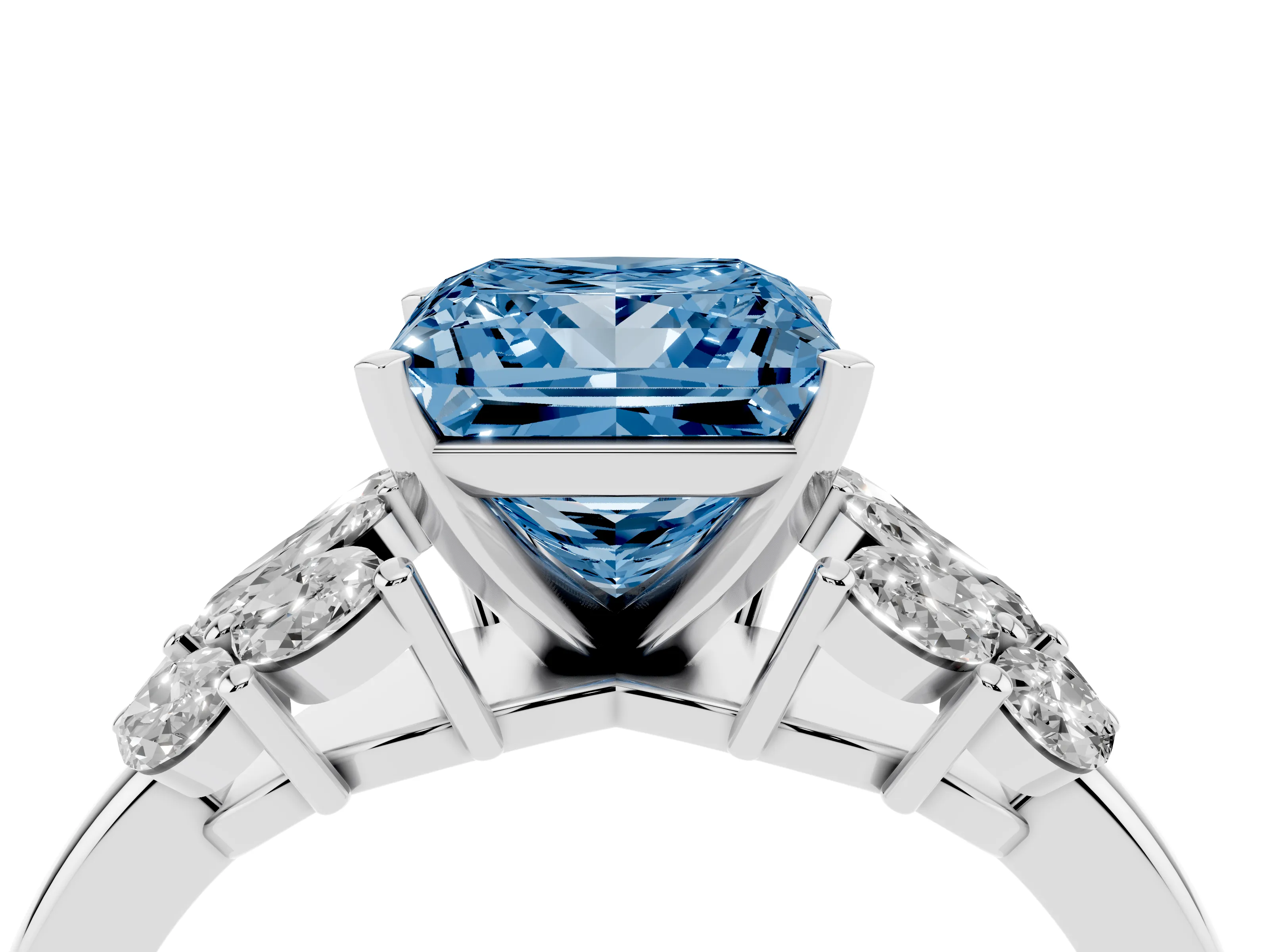 Fancy Blue Princess Cut Diamond Cluster Leaf Design Ring Set in White gold with Prong Setting