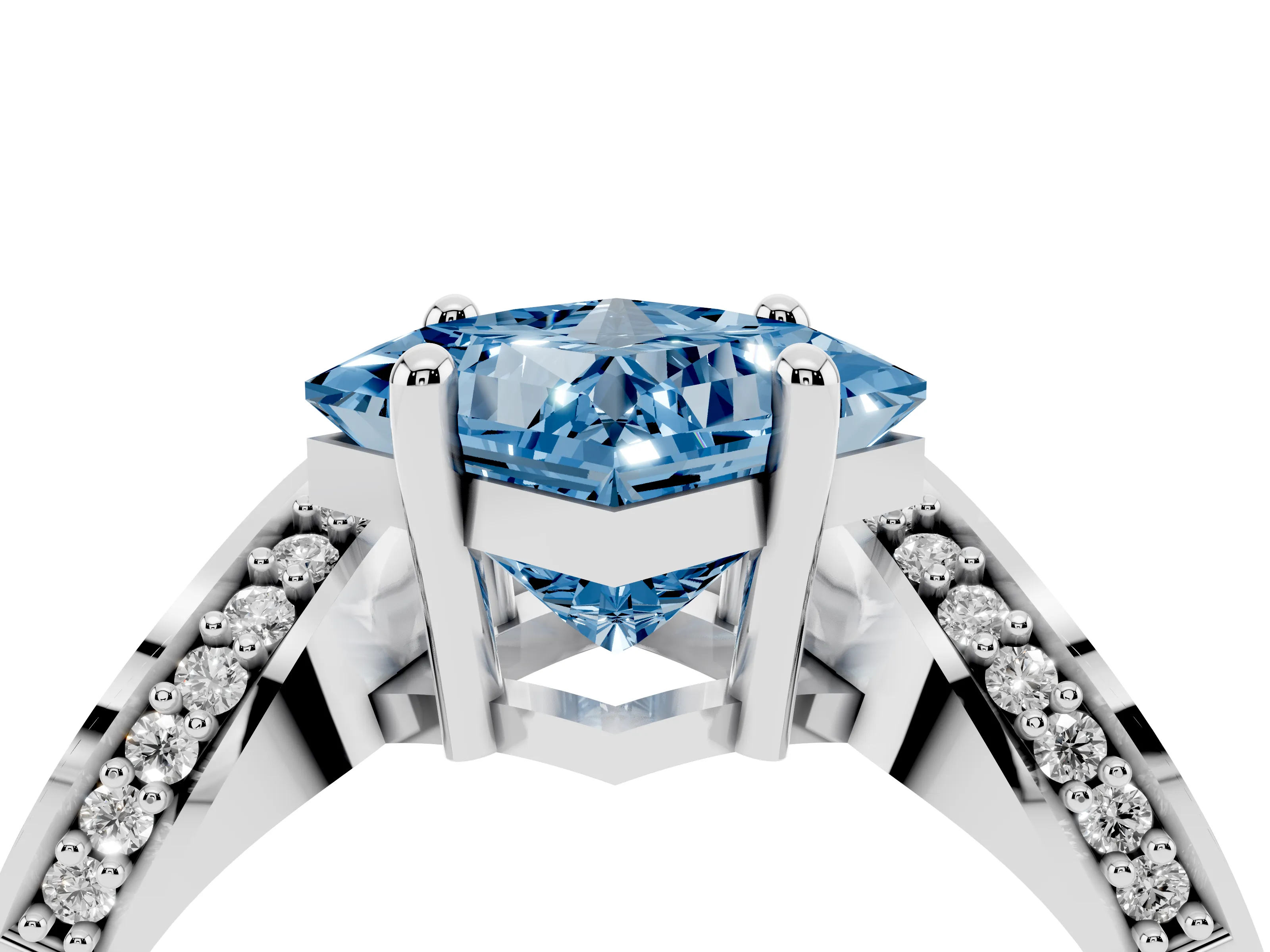 Fancy Blue Princess Cut Diamond Solitaire Engagement Ring Set in Platinum with Pavé Shoulders