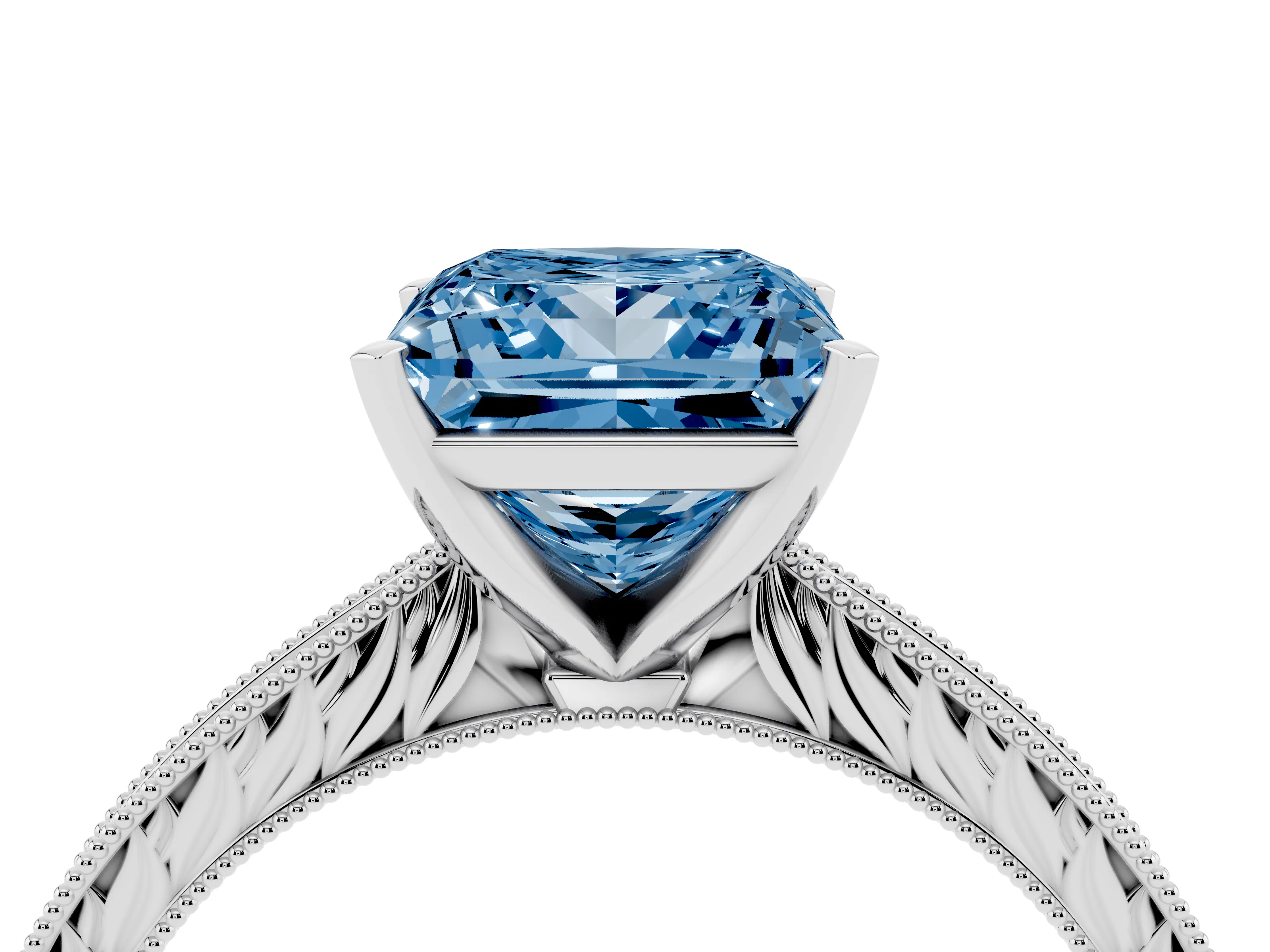 Fancy Blue Princess Cut Diamond Solitaire Milgrain Engraved Band Set in Platinum with Prong Setting