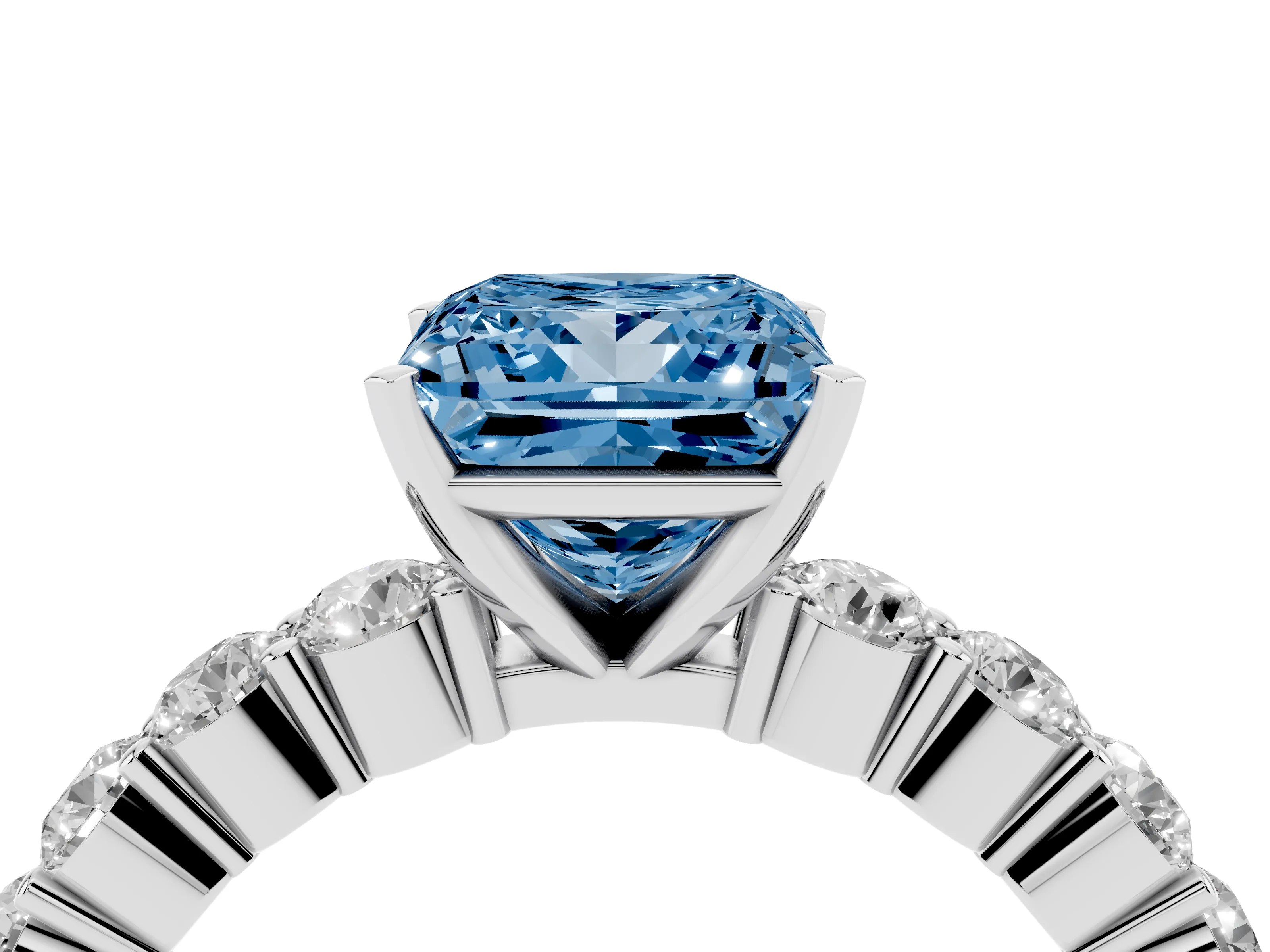 Fancy Blue Princess Cut Diamond Solitaire Ring Set in White gold with Shared Prong Round Side Stones