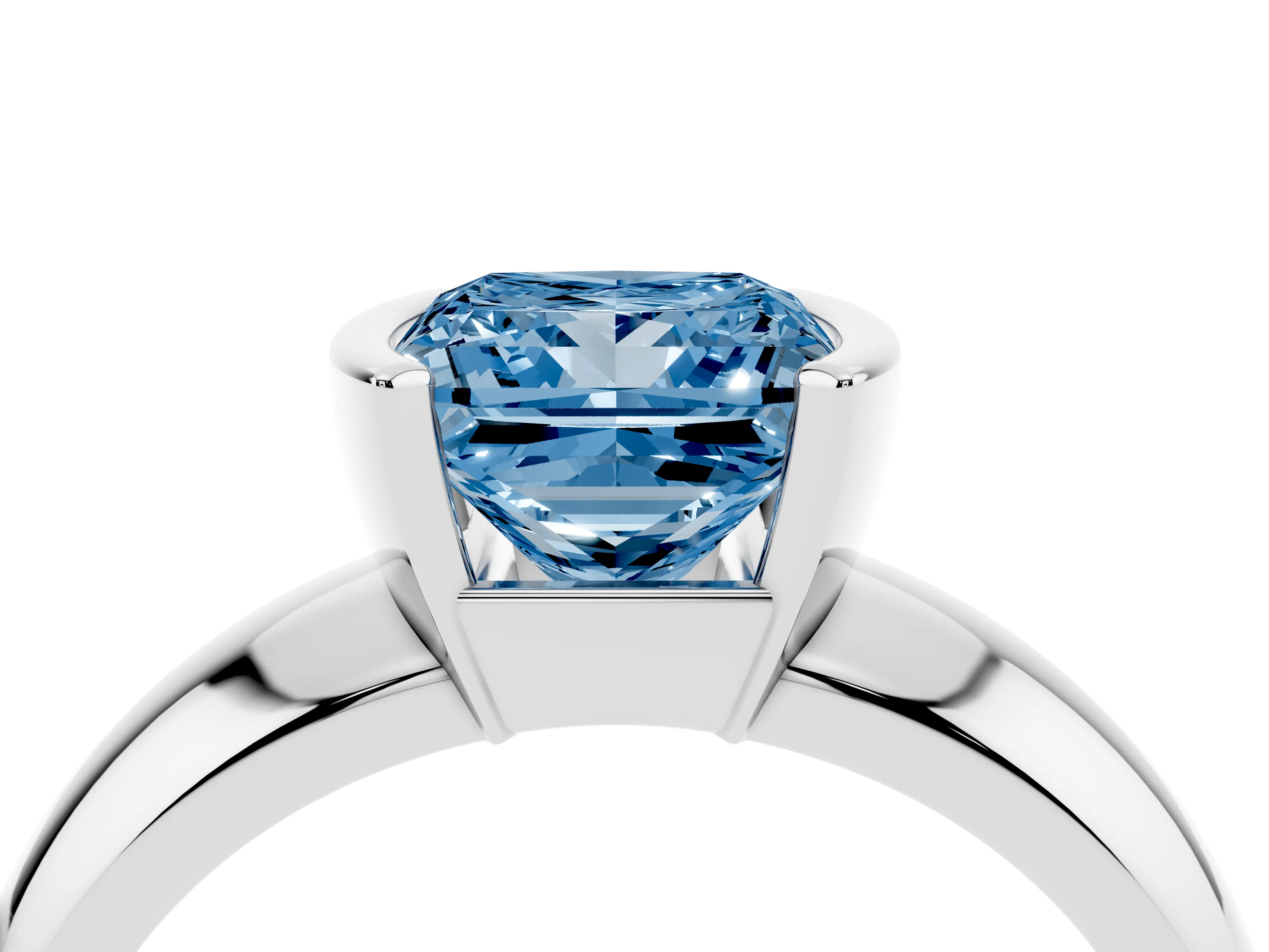 Fancy Blue Princess Cut Diamond Solitaire Tension Set Ring Set in White gold with Wide Band