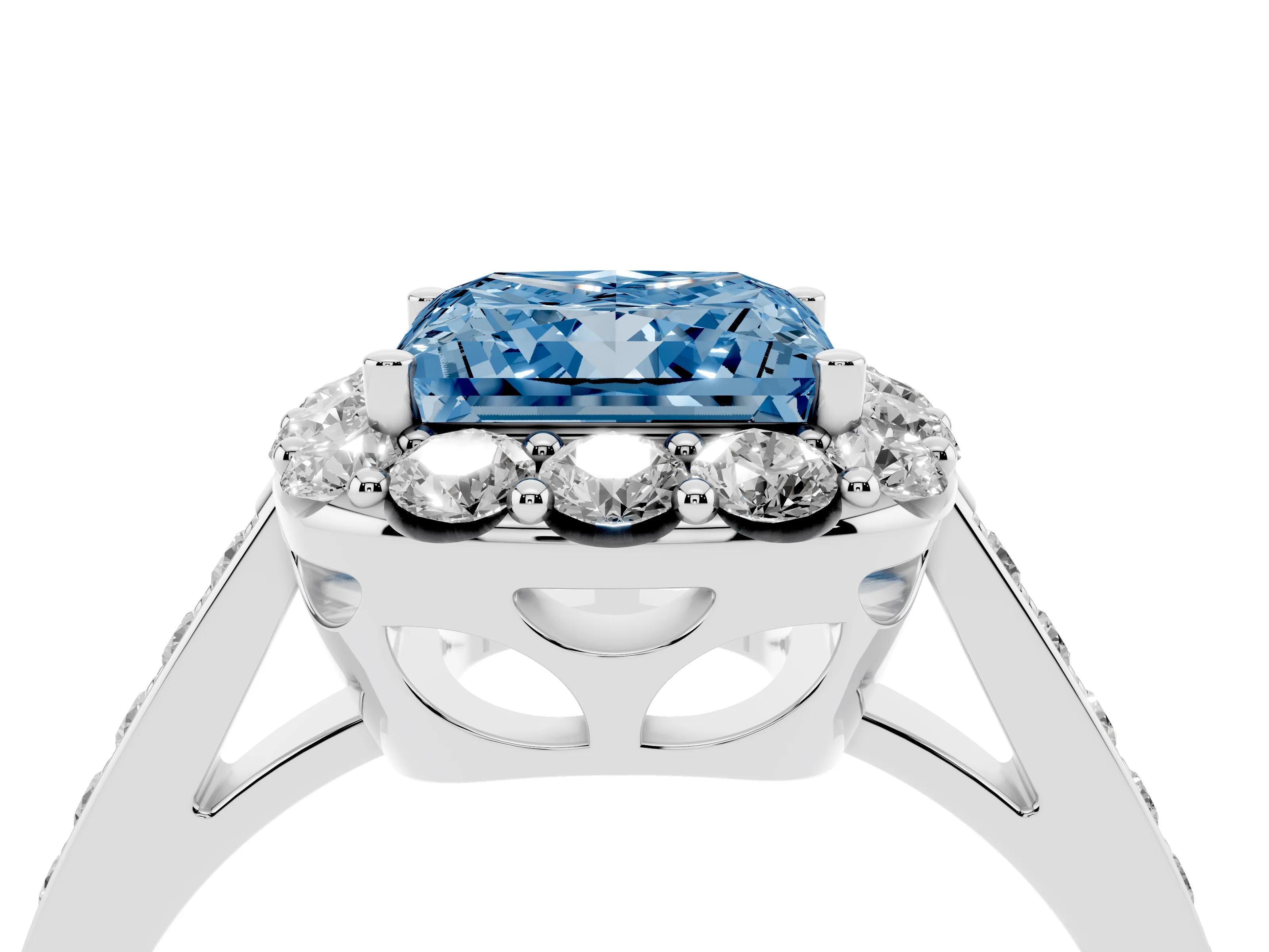 Fancy Blue Princess Cut Diamond Floral Halo Ring Set in Platinum with Pavé Band and Prong Setting