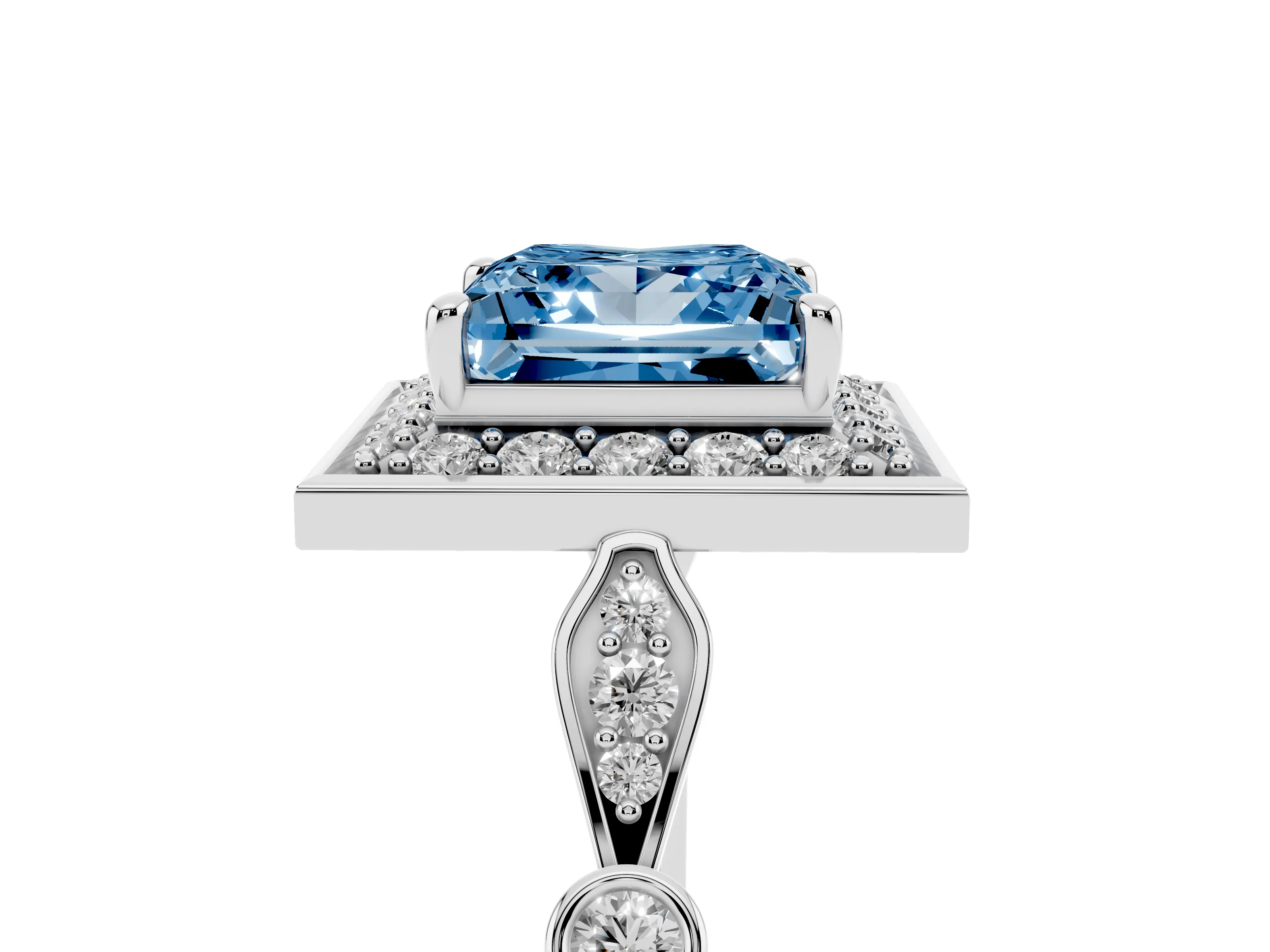 Fancy Blue Princess Cut Diamond Halo Engagement Ring Set in White gold with Twisted Band and Prong Setting