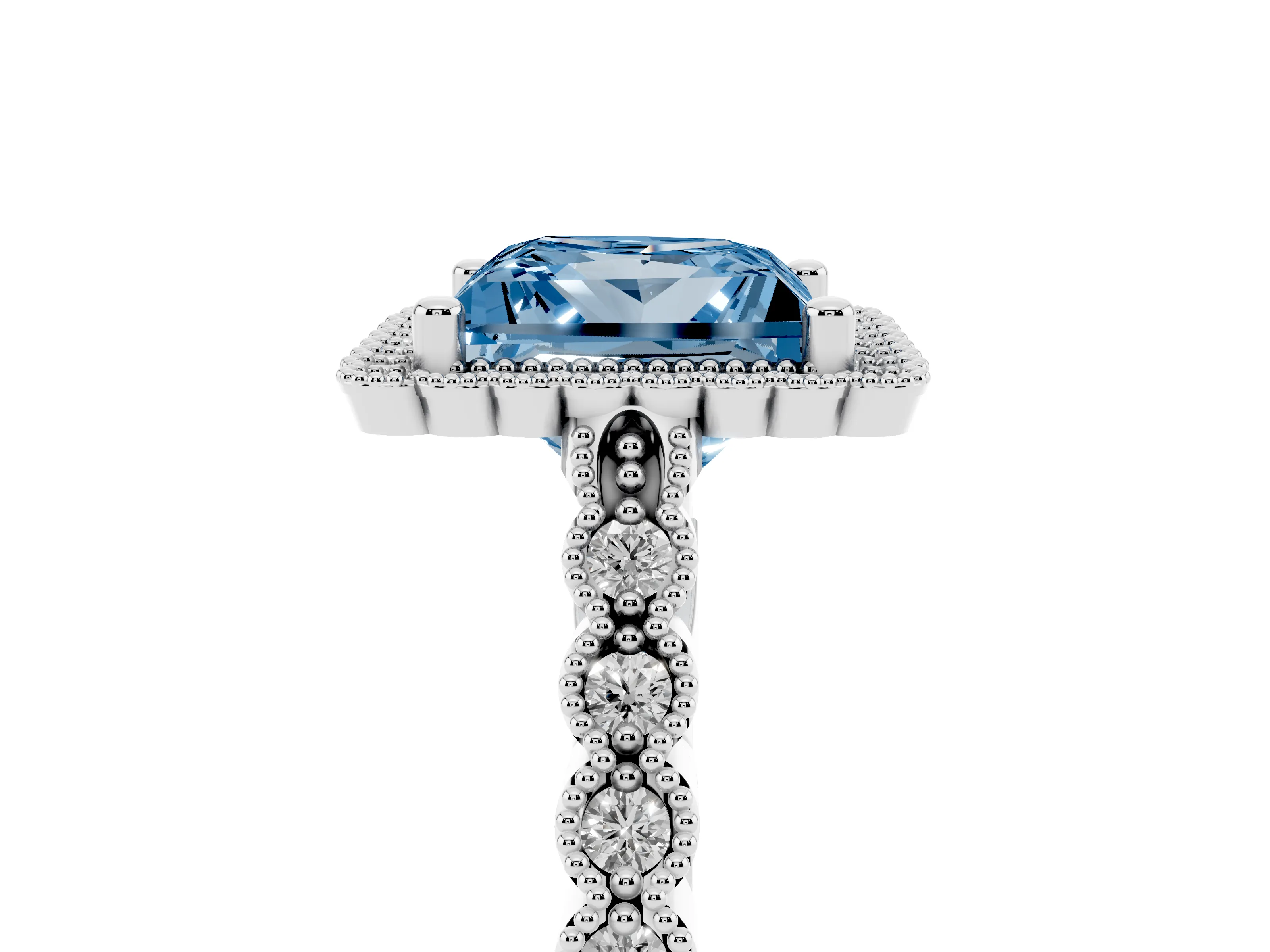 Fancy Blue Princess Cut Diamond Halo Ring Set in Platinum with Pavé Milgrain Band