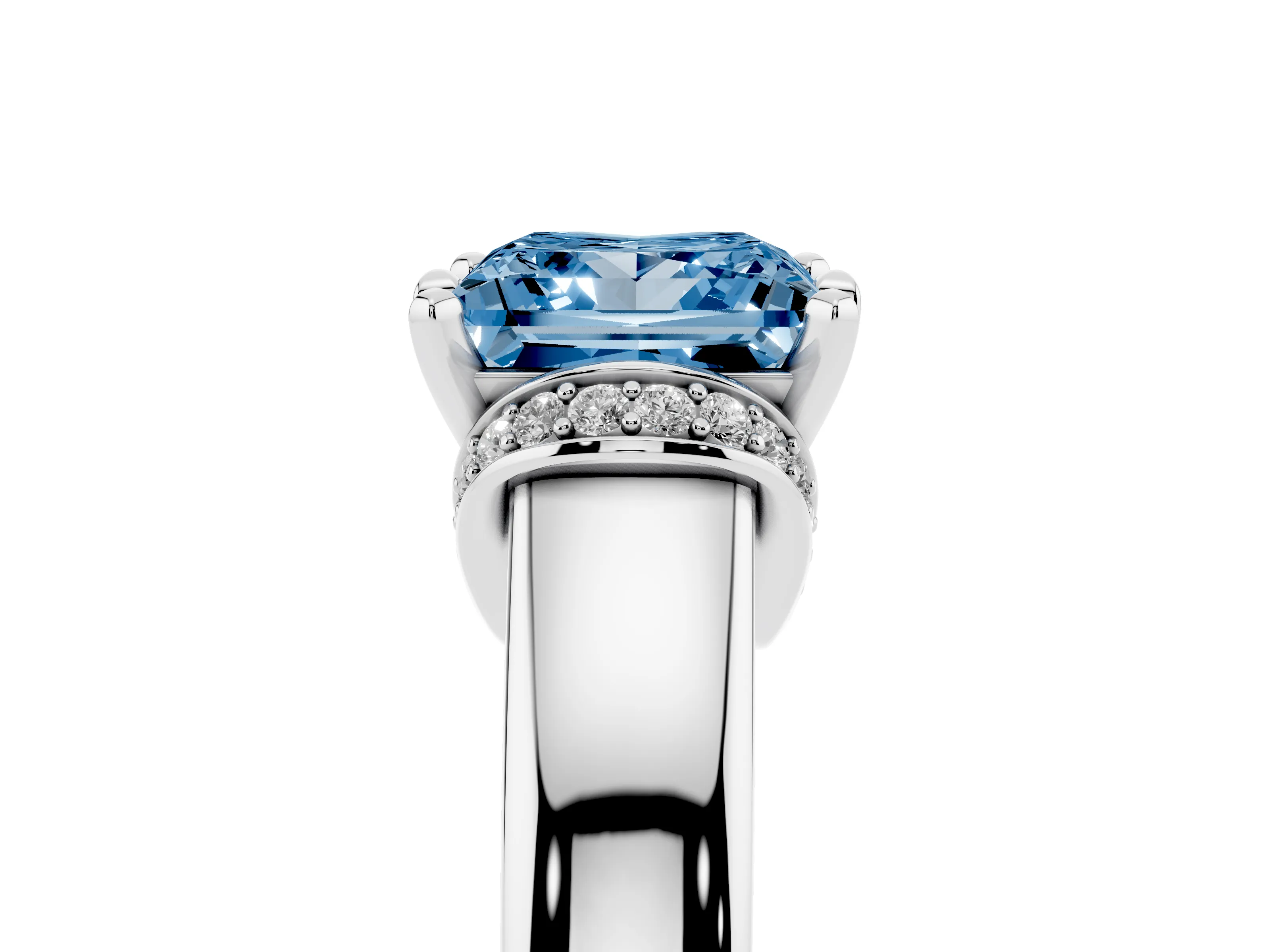 Fancy Blue Princess Cut Diamond Pavé Band Solitaire Ring Set in Silver with Prong Setting