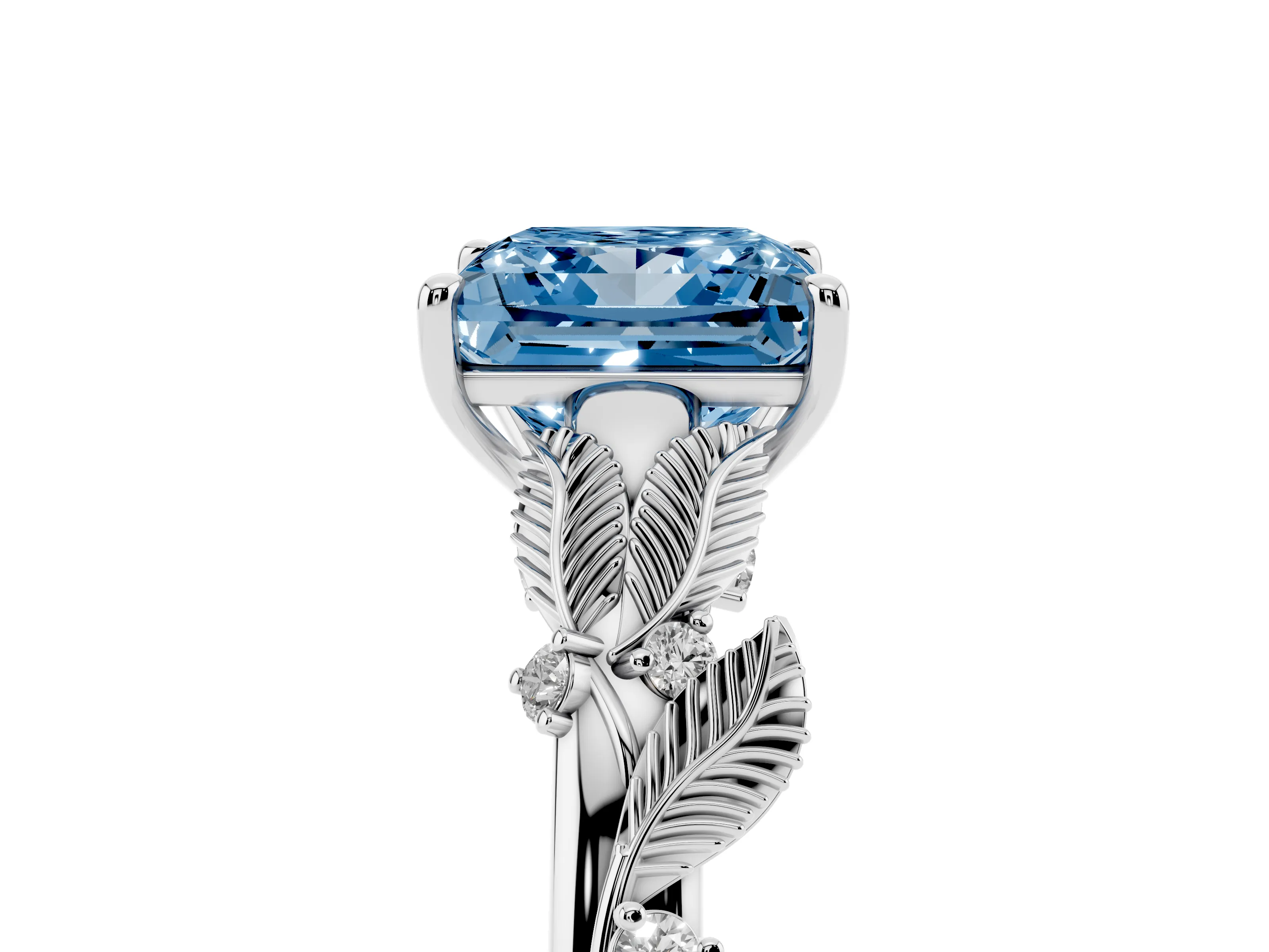 Fancy Blue Princess Cut Diamond Solitaire Ring Set in Silver with Leaf Motif Band