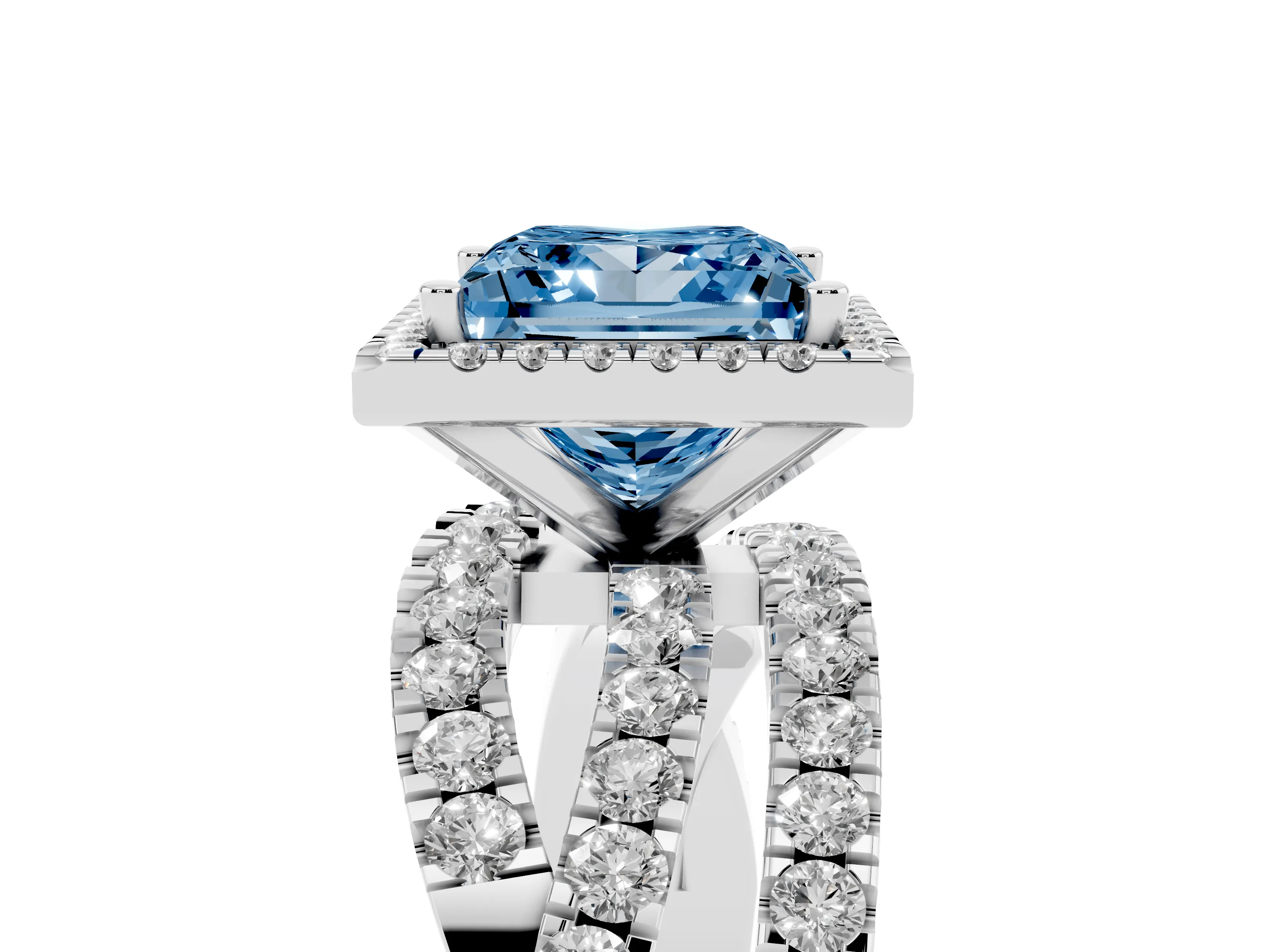 Fancy Blue Princess Cut Diamond Halo Ring Set in Platinum with Round Crossover Split Shank and Prong Setting