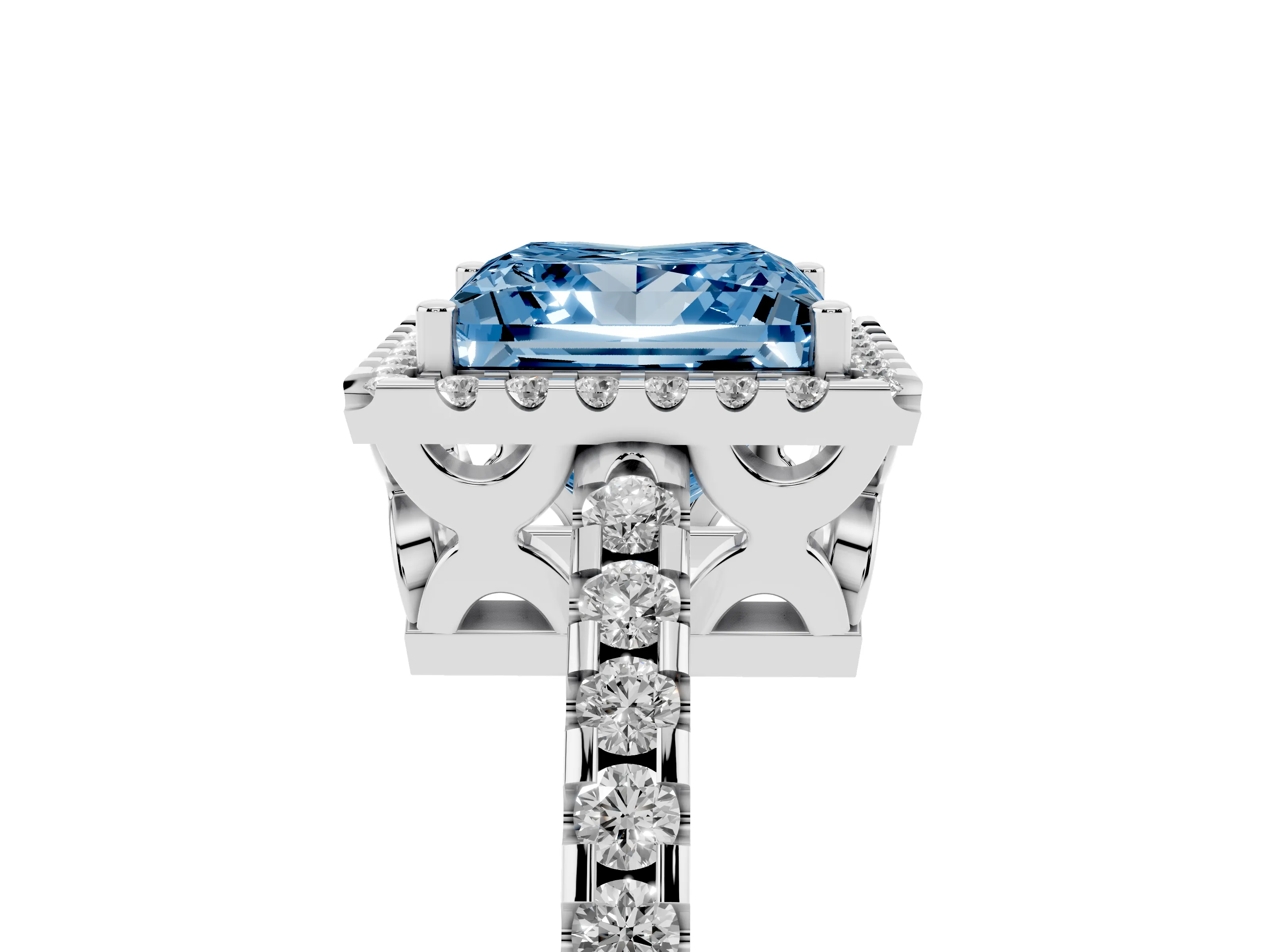 Fancy Blue Princess Cut Diamond Halo Ring Set in Platinum with Pavé Shoulders and Halo-Framed Center