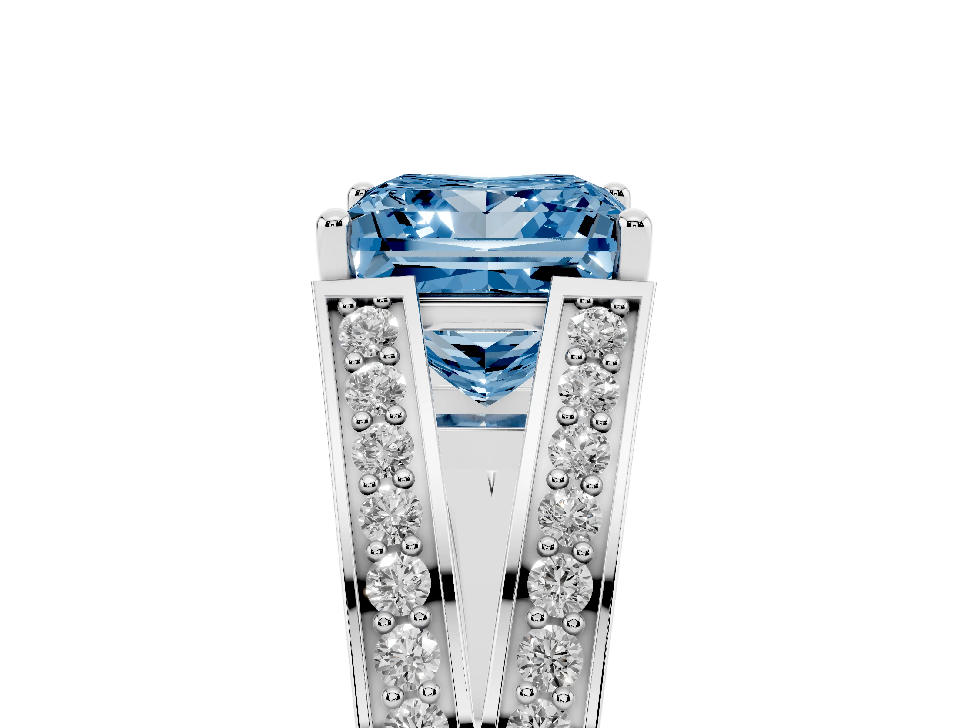 Fancy Blue Princess Cut Diamond Split Shank Ring Set in White gold with Pavé Band and Prong Setting