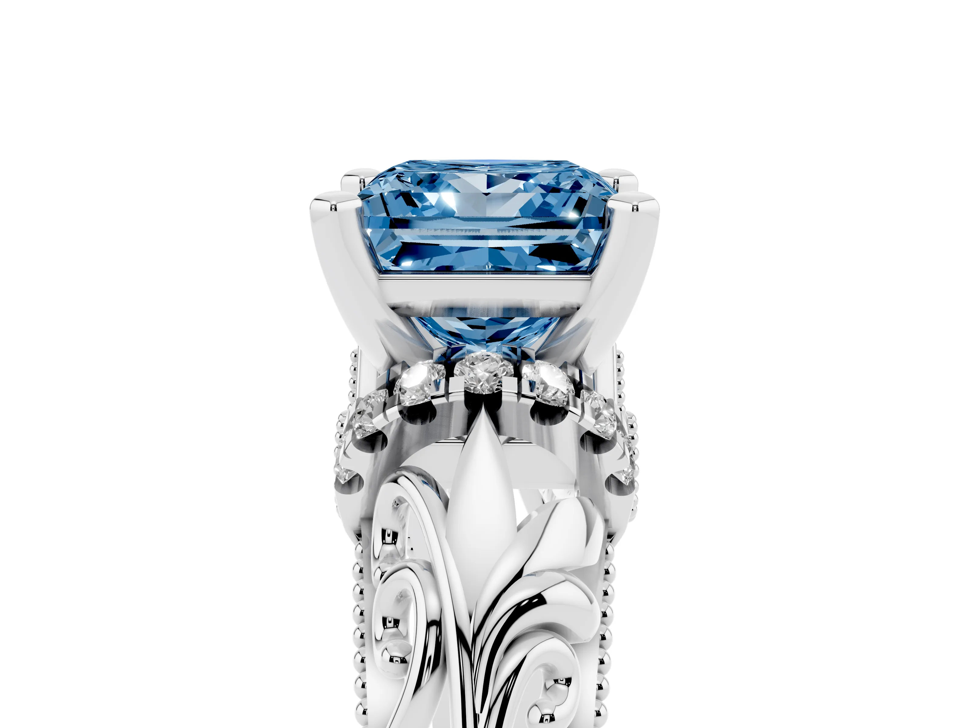 Fancy Blue Princess Cut Diamond Filigree Halo Engagement Ring Set in Platinum with Prong Setting