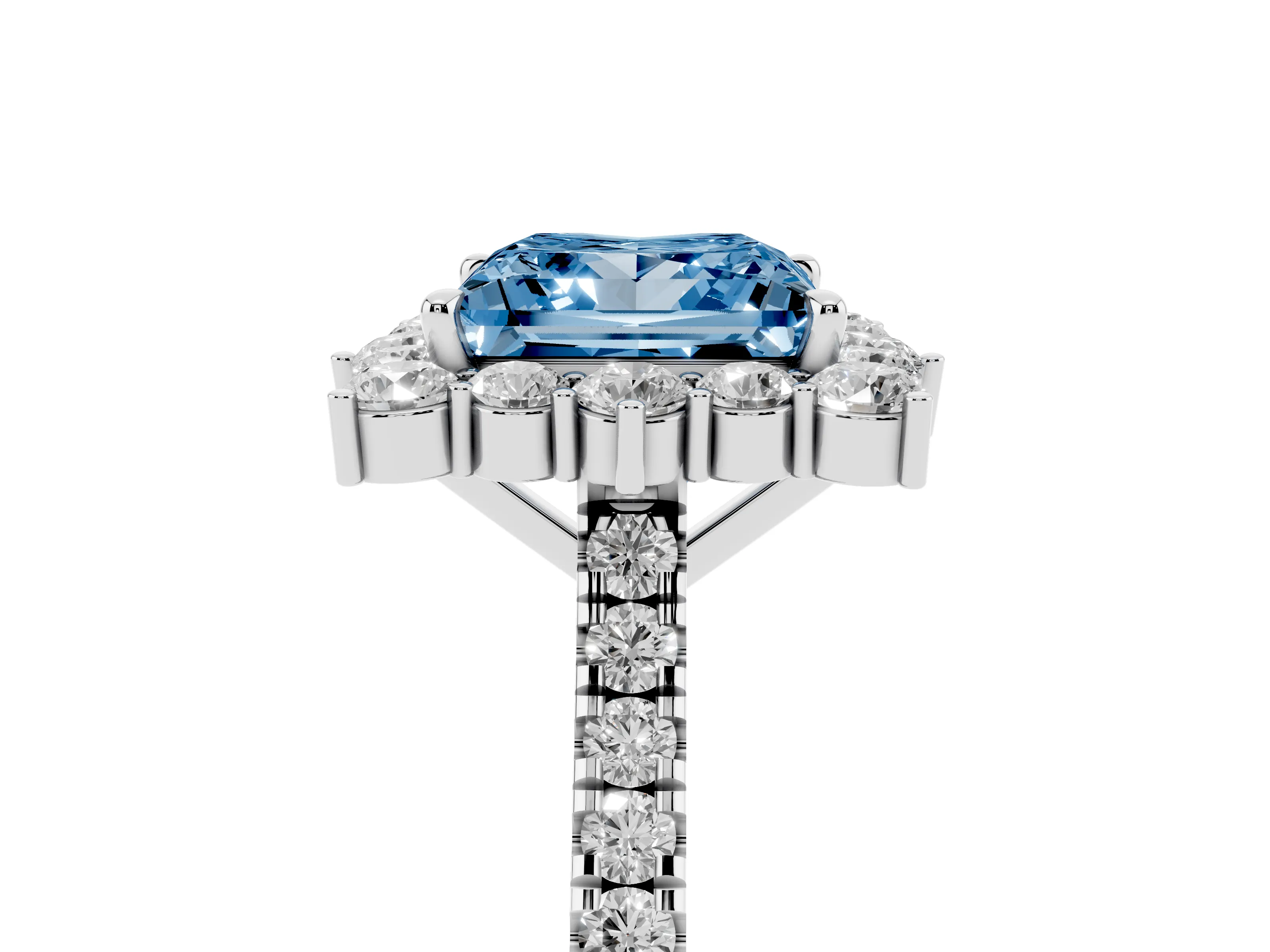 Fancy Blue Princess Cut Diamond Halo Ring Set in White gold with Pavé Band and Prong Setting
