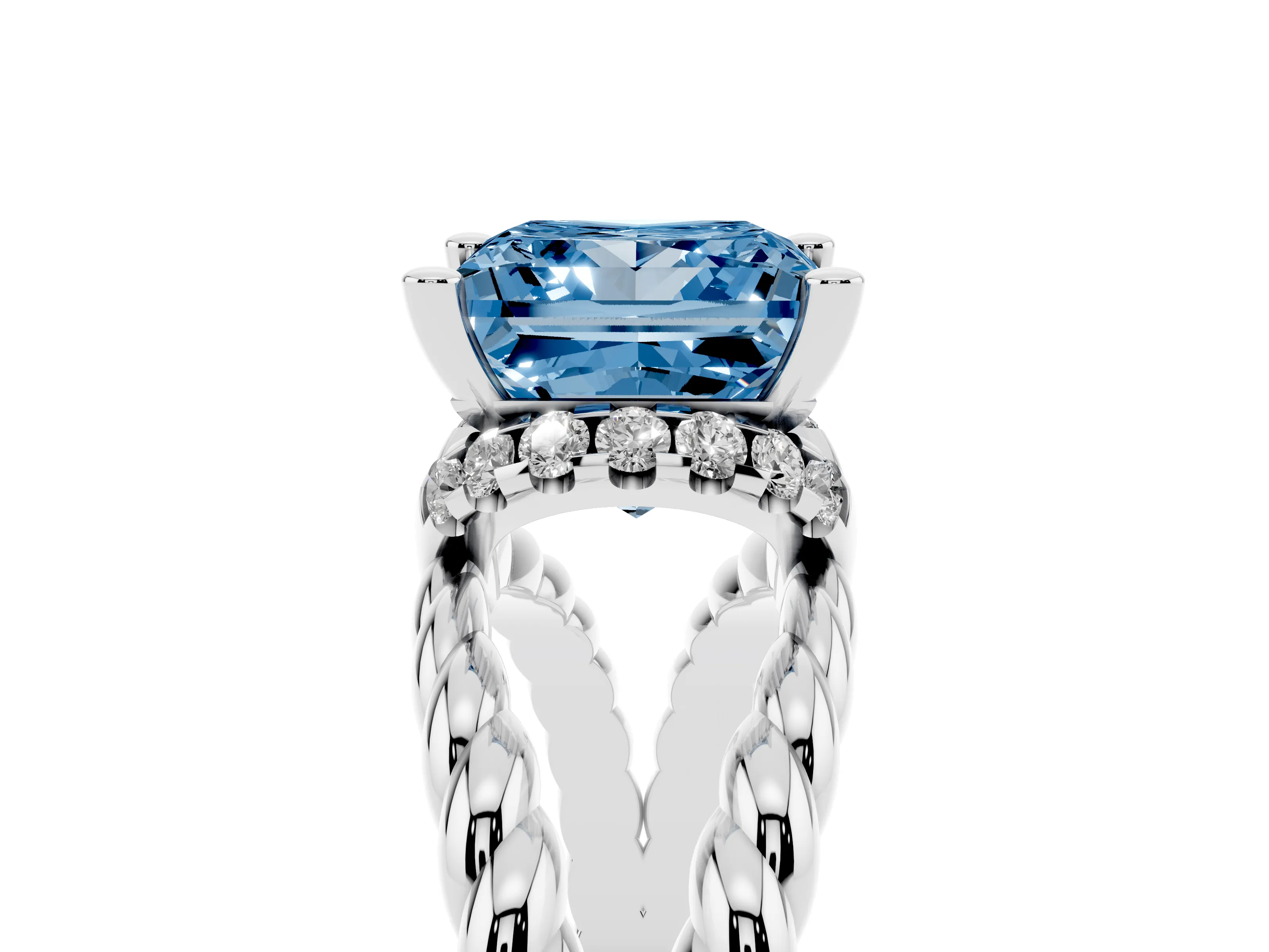 Fancy Blue Princess Cut Diamond Halo Ring Set in White gold with Twisted Band and Prong Setting