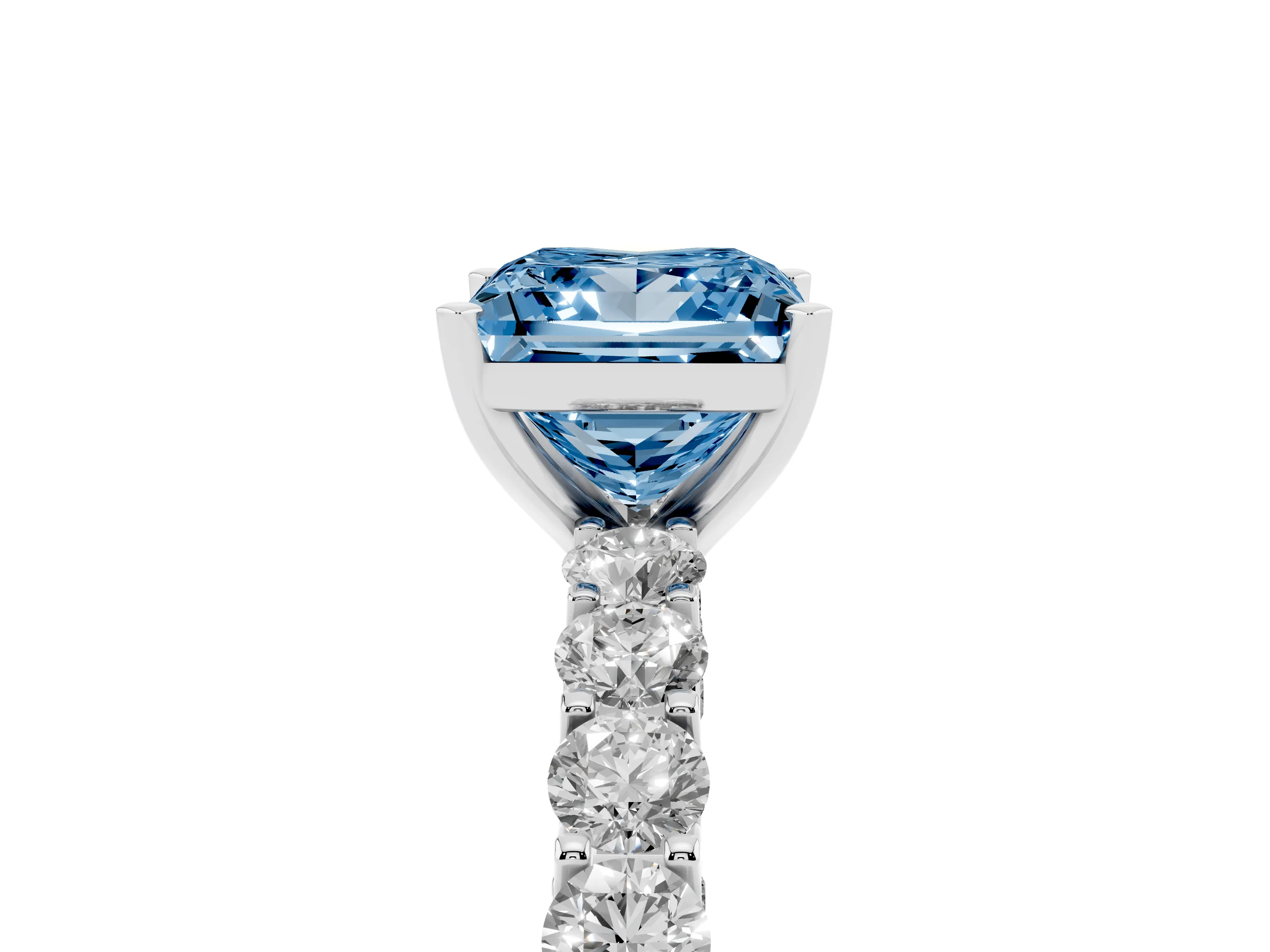 Fancy Blue Princess Cut Diamond Solitaire Ring Set in Silver with Shared Prong Pavé Band
