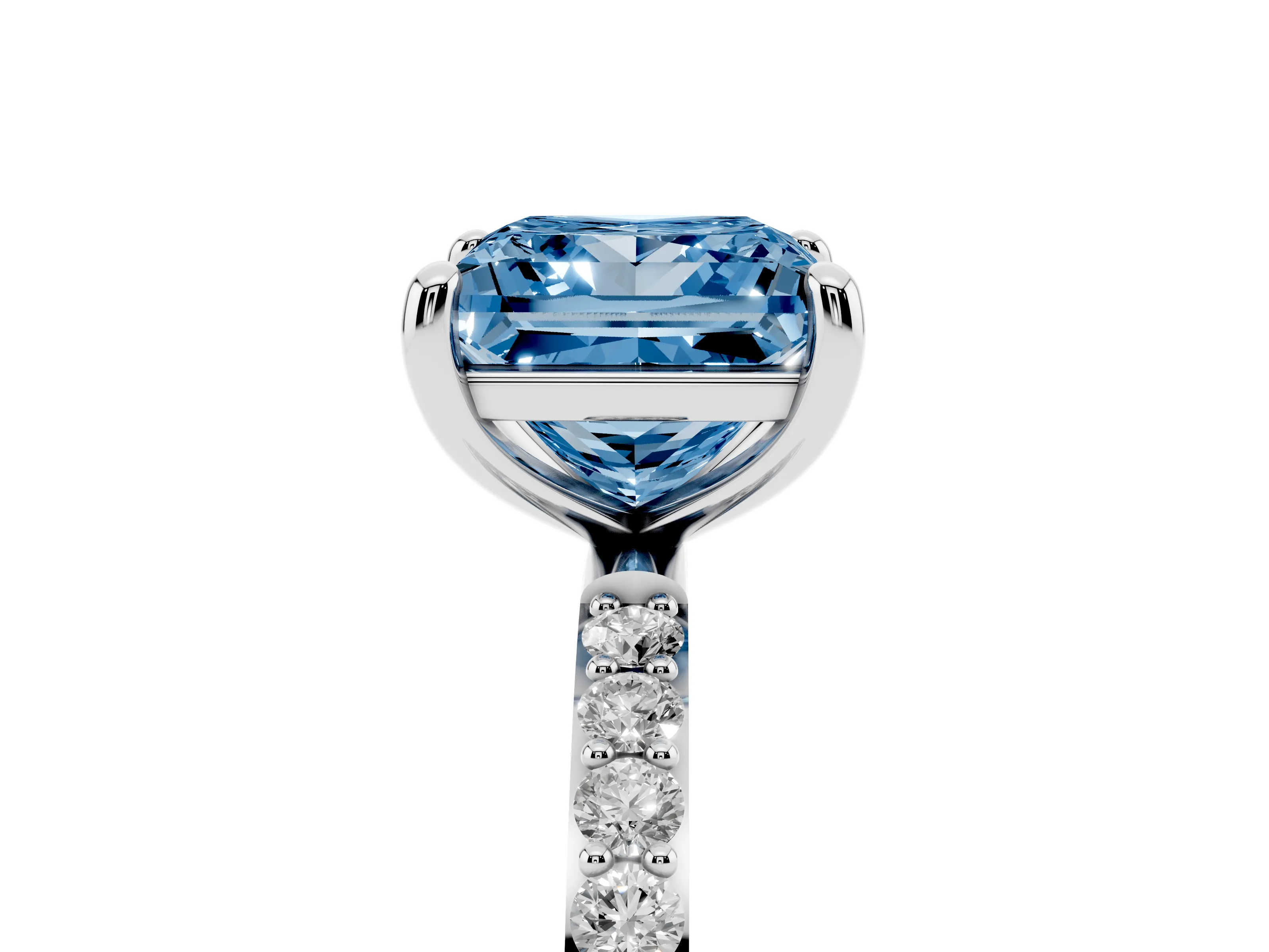 Fancy Blue Princess Cut Diamond Solitaire Ring Set in White gold with Round Pavé Band and Prong Setting