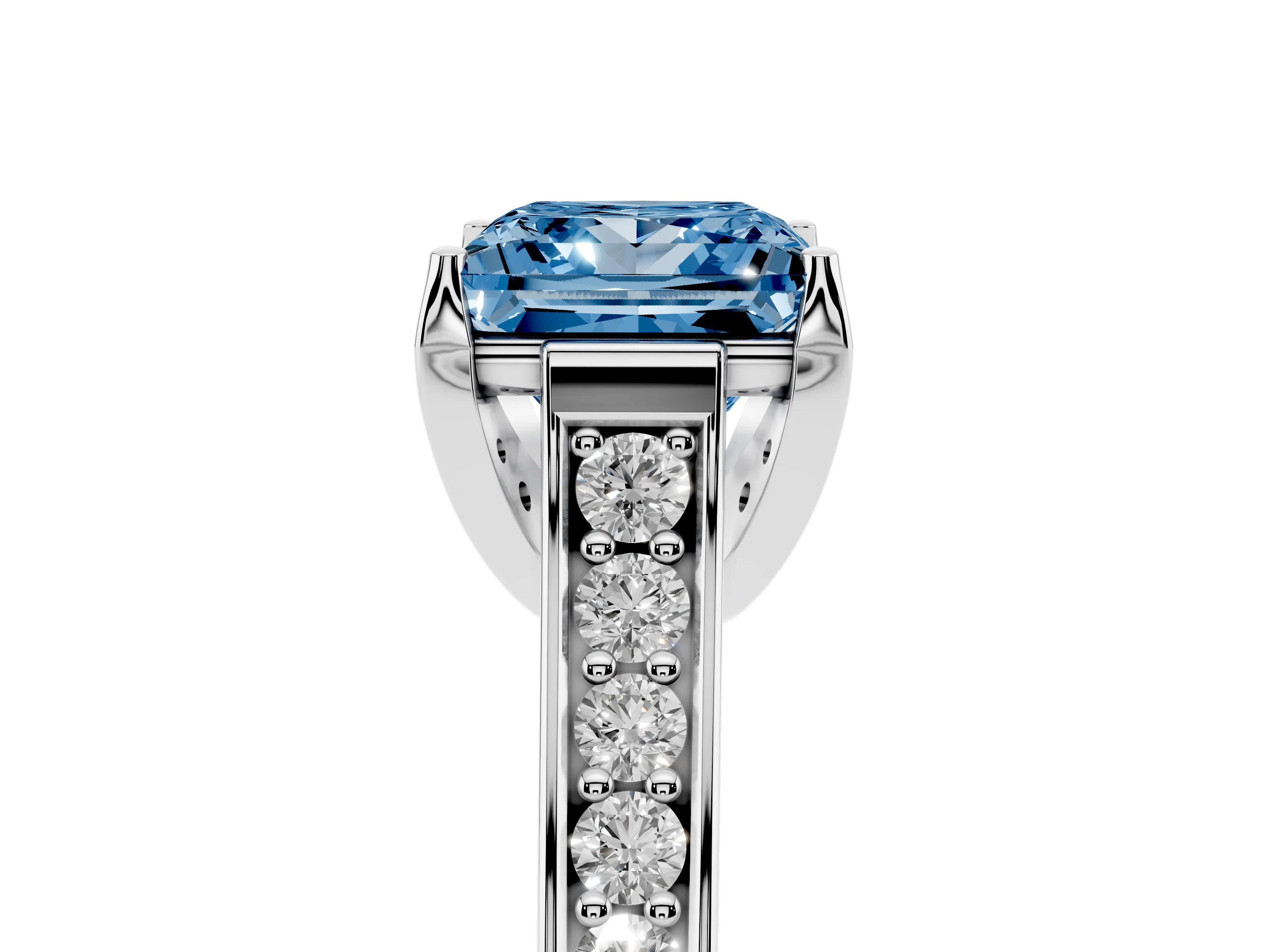 Fancy Blue Princess Cut Diamond Solitaire Pavé Engagement Ring Set in Platinum with Prong Setting