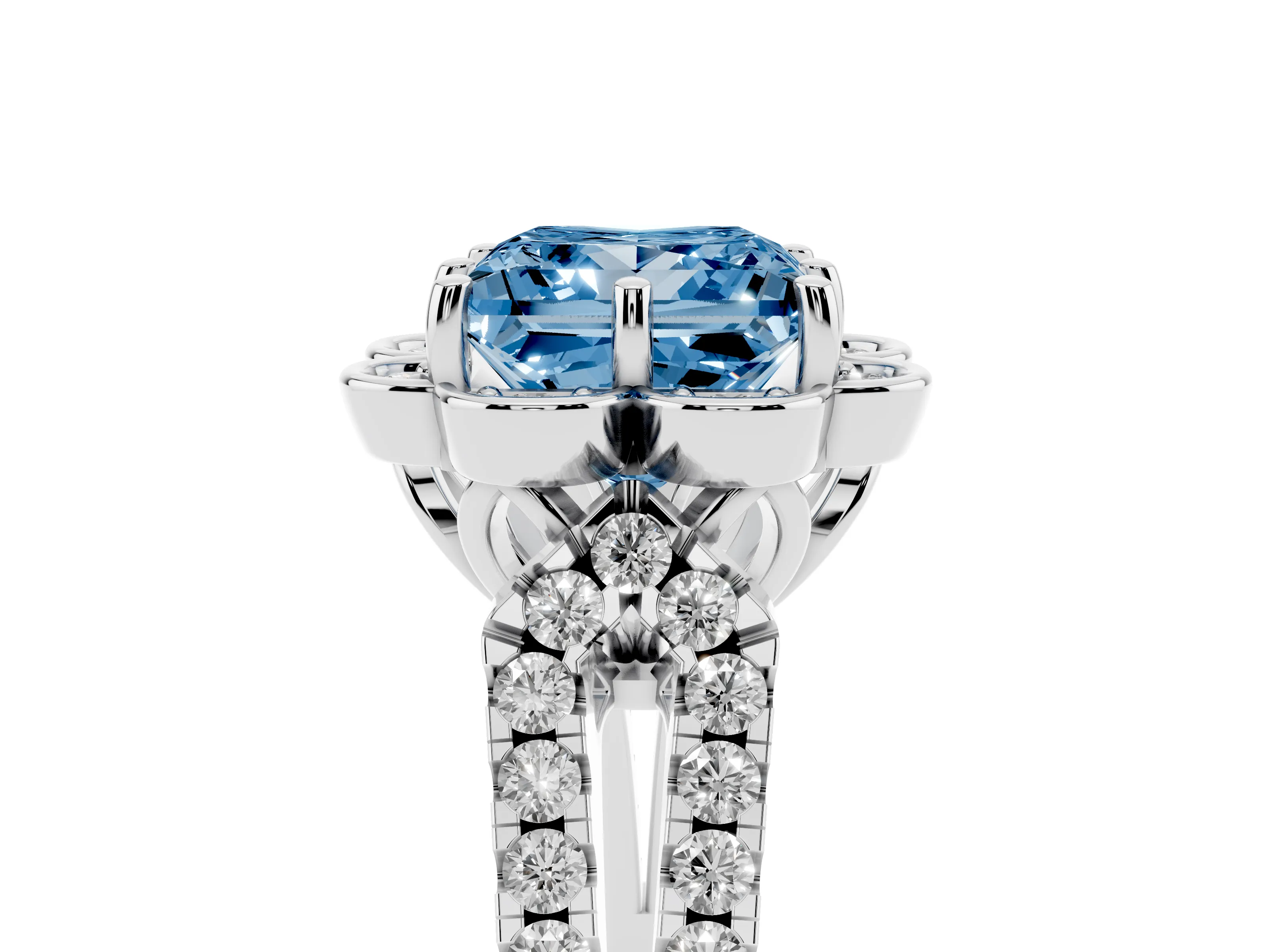 Fancy Blue Princess Cut Diamond Floral Halo Split Shank Engagement Ring Set in Platinum with Pavé Shank