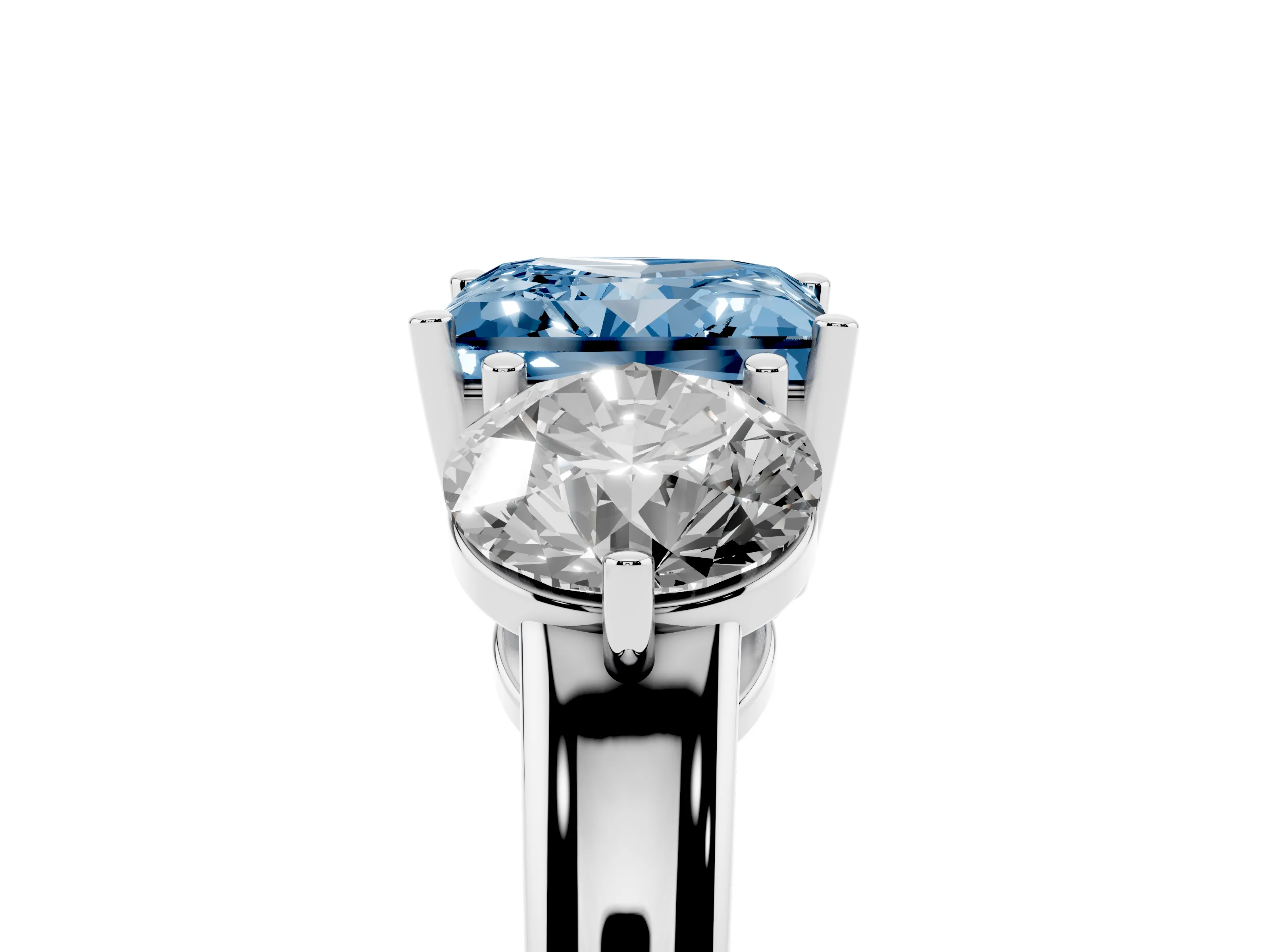 Fancy Blue Princess Cut Diamond Three-Stone Ring Set in White gold with Prong Setting and Plain Band
