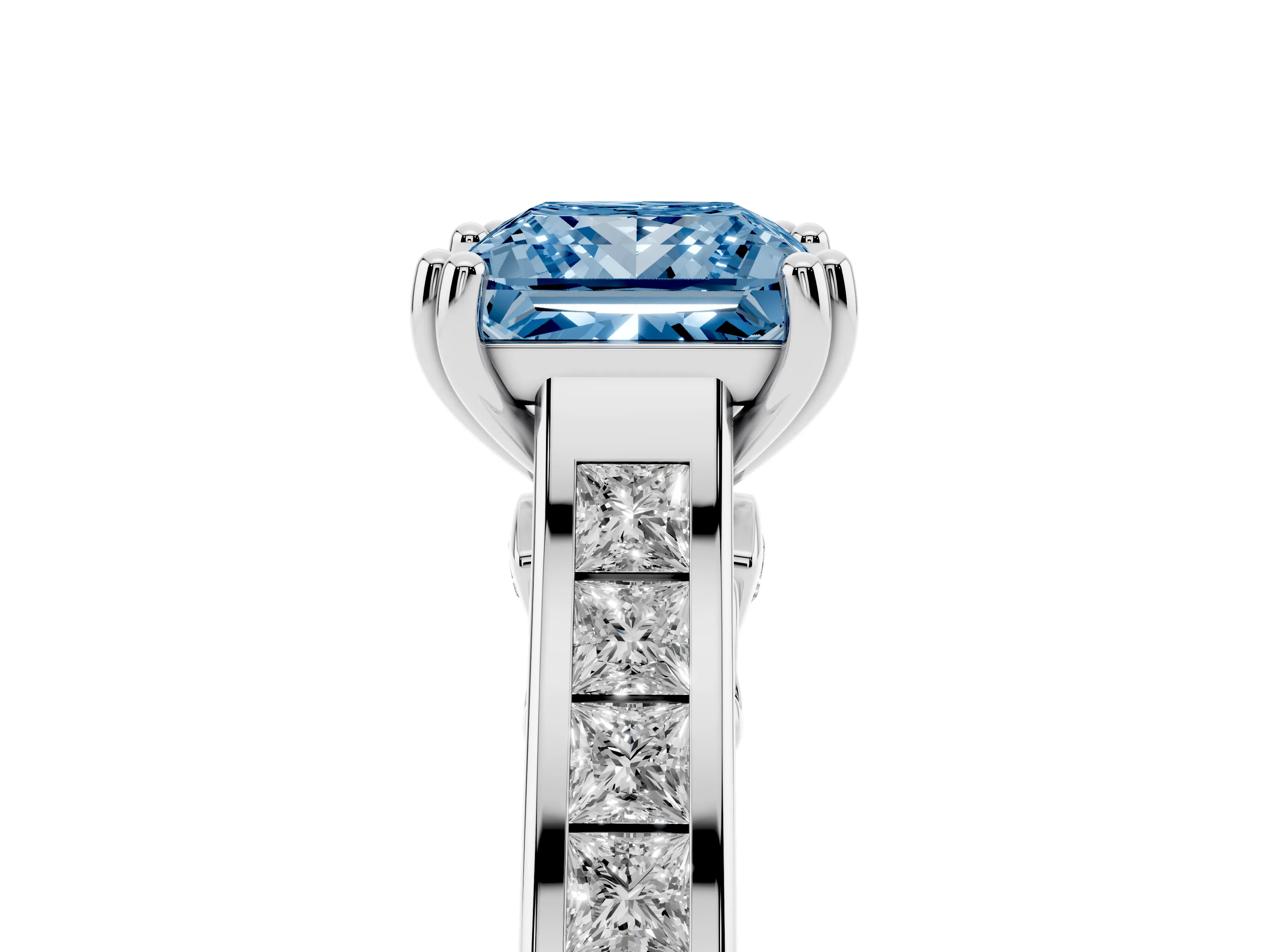 Fancy Blue Princess Cut Diamond Channel Set Solitaire Engagement Ring Set in White gold with Prong Setting