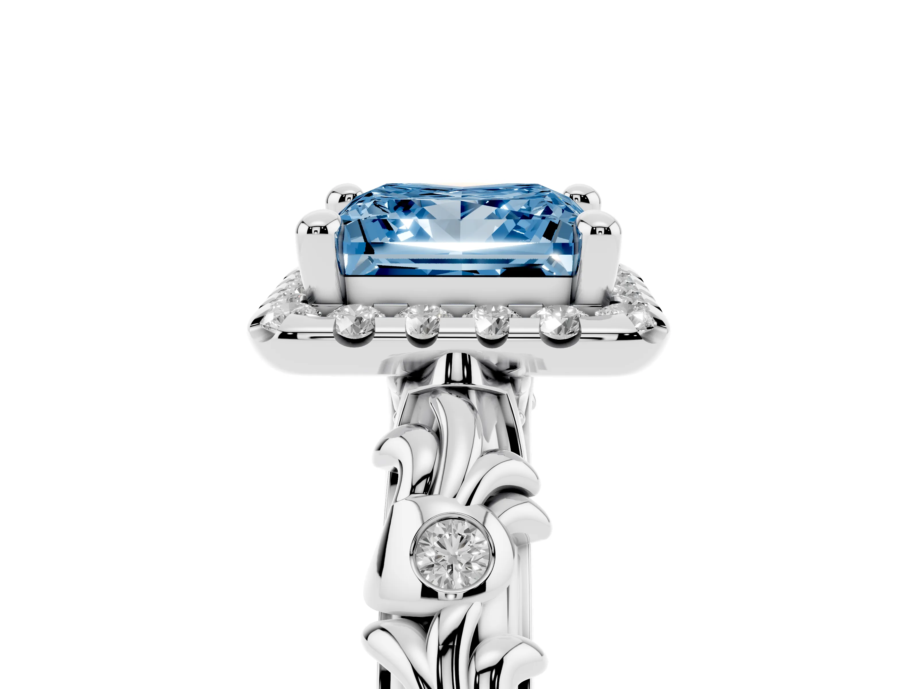 Fancy Blue Princess Cut Diamond Halo Ring Set in Silver with Filigree Leaf Band and Prong Setting