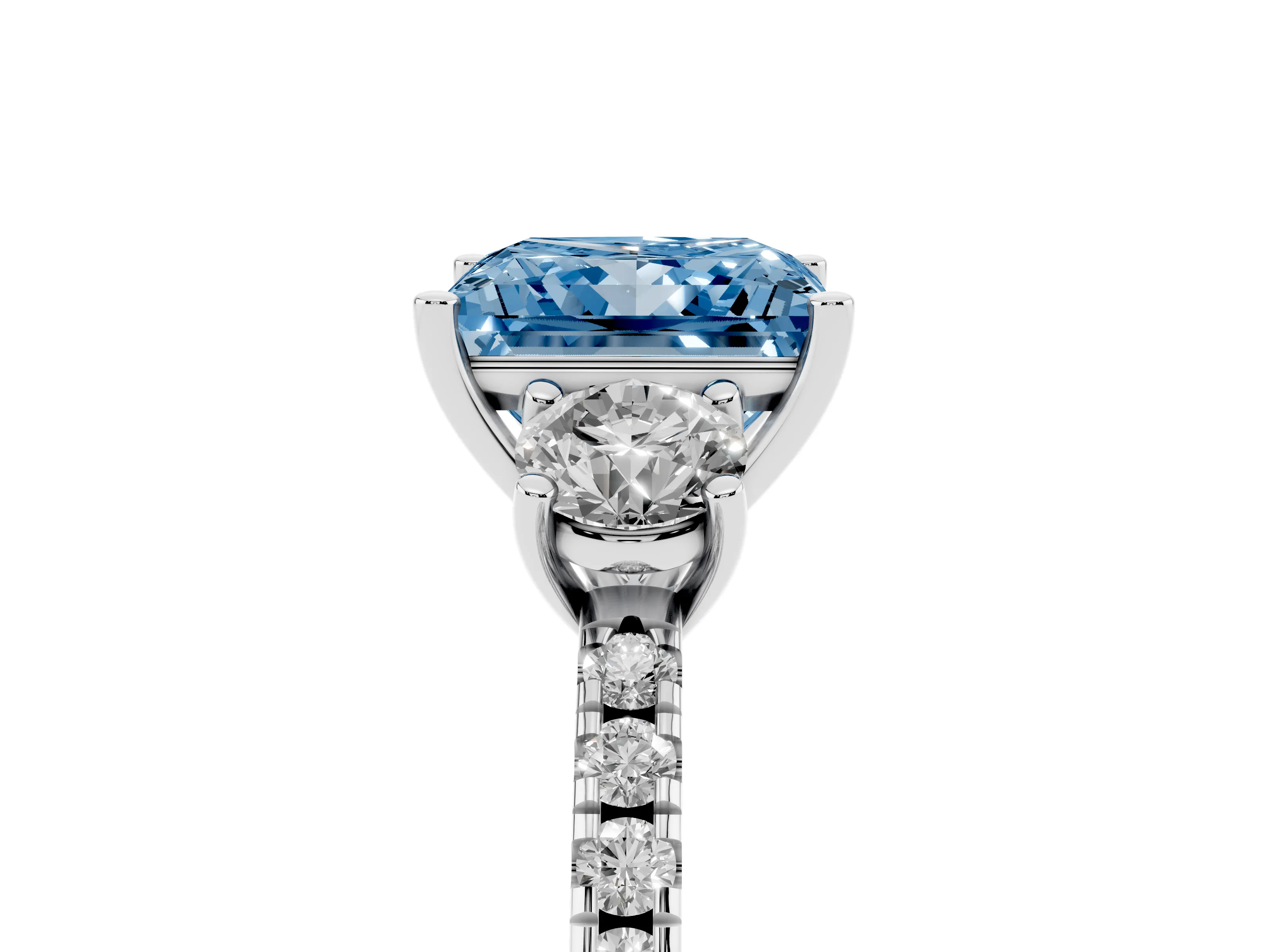 Fancy Blue Princess Cut Diamond Three-Stone Ring Set in Platinum with Pavé Band and Graduated Sides