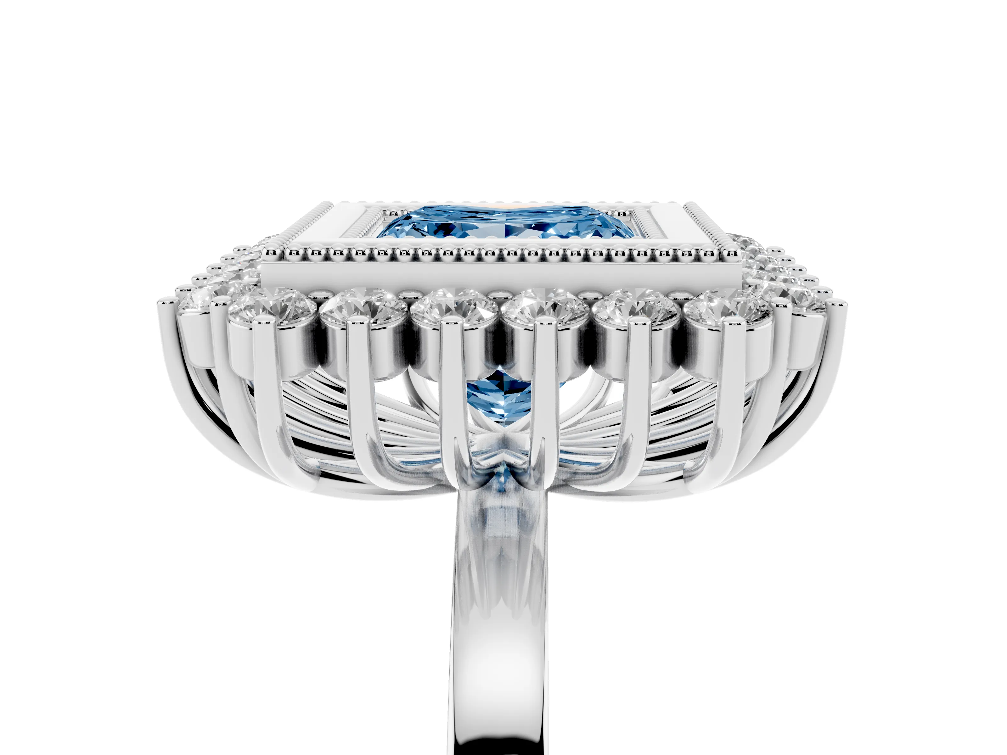 Fancy Blue Princess Cut Diamond Halo Ring Set in Silver with Milgrain Edge and Round Prong Setting