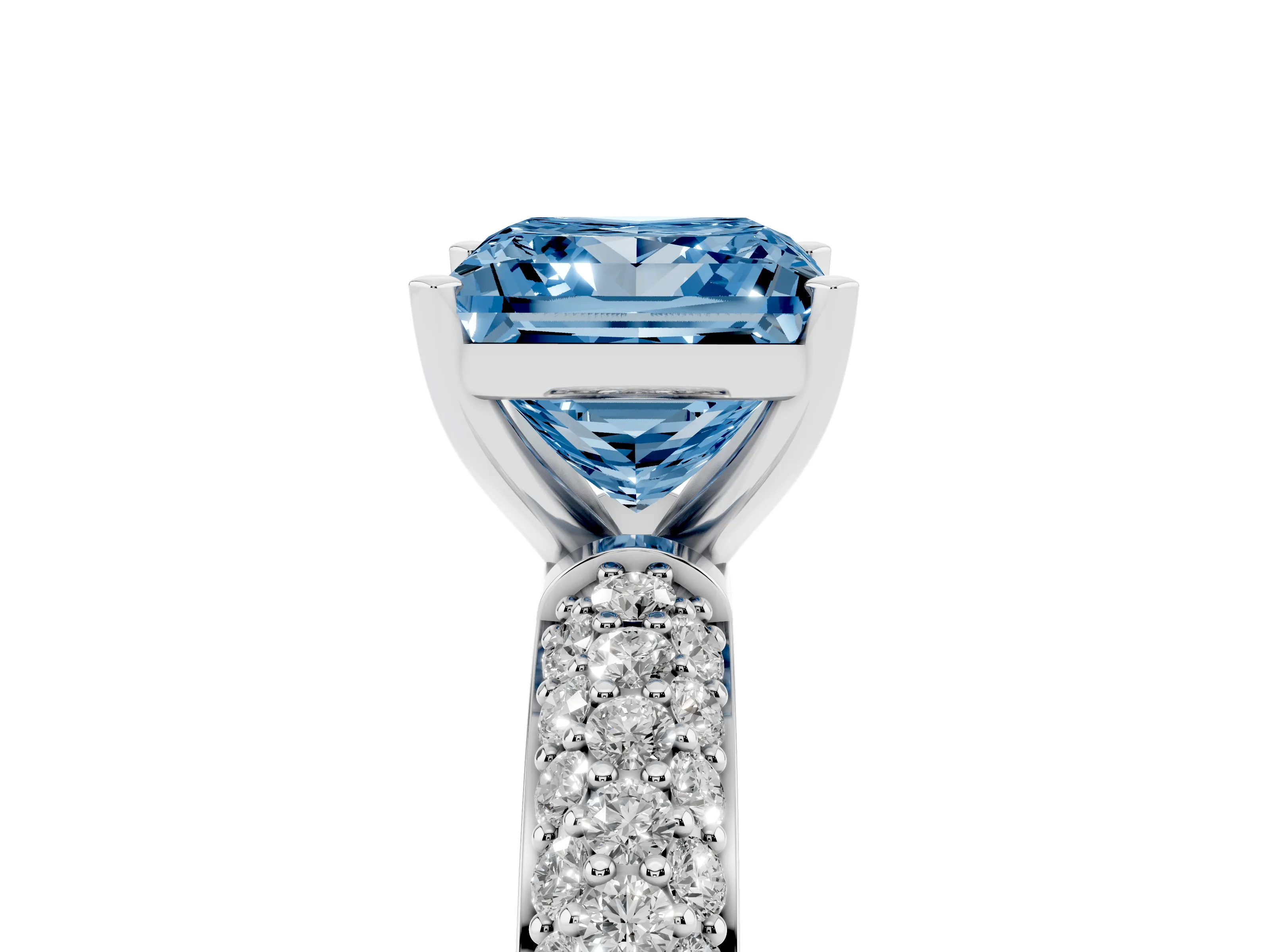 Fancy Blue Princess Cut Diamond Solitaire Ring Set in Platinum with Prong Setting and Pavé-Set Band