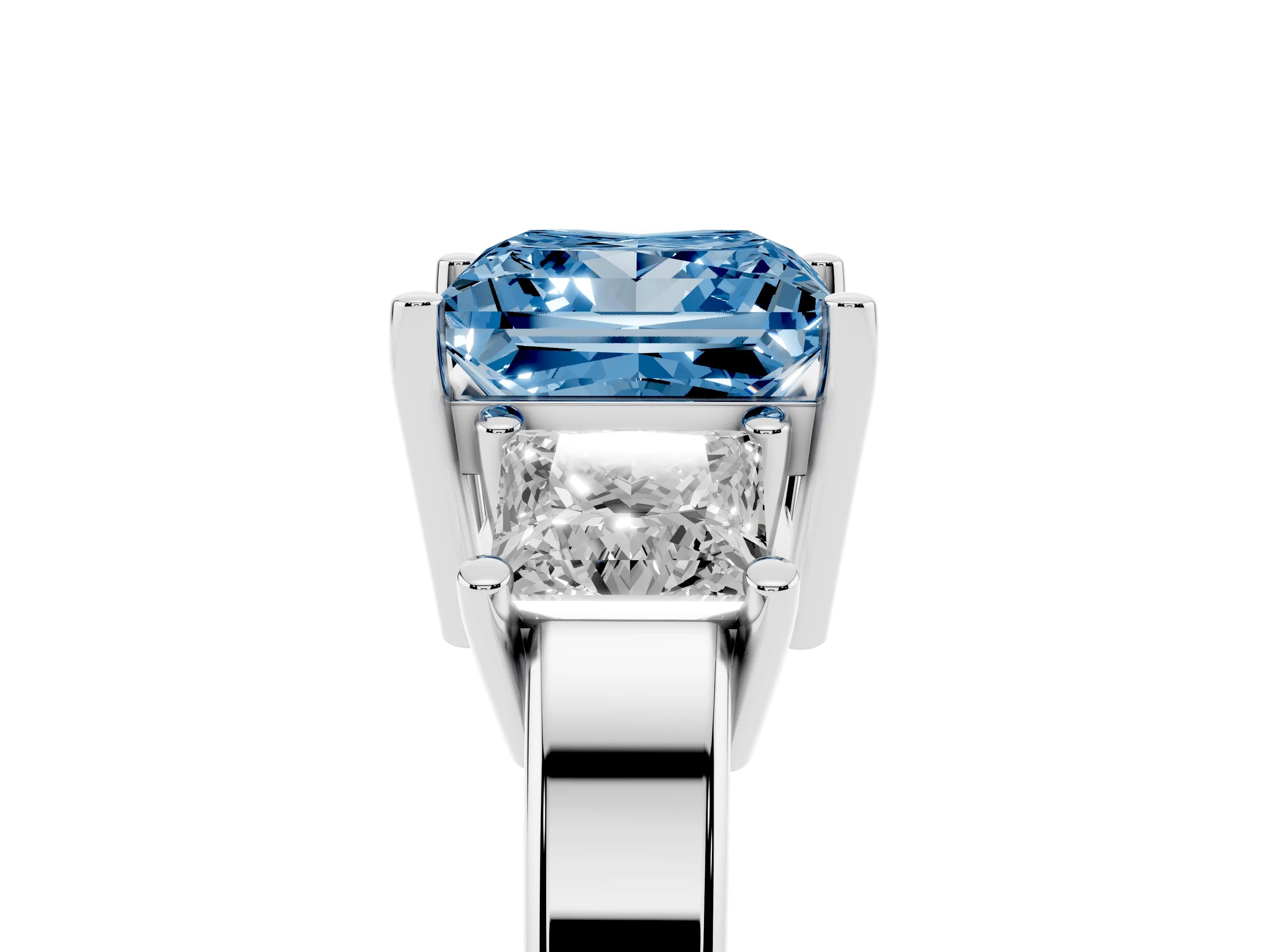 Fancy Blue Three-Stone Princess Cut Diamond Solitaire Ring Set in Platinum with Prong Setting