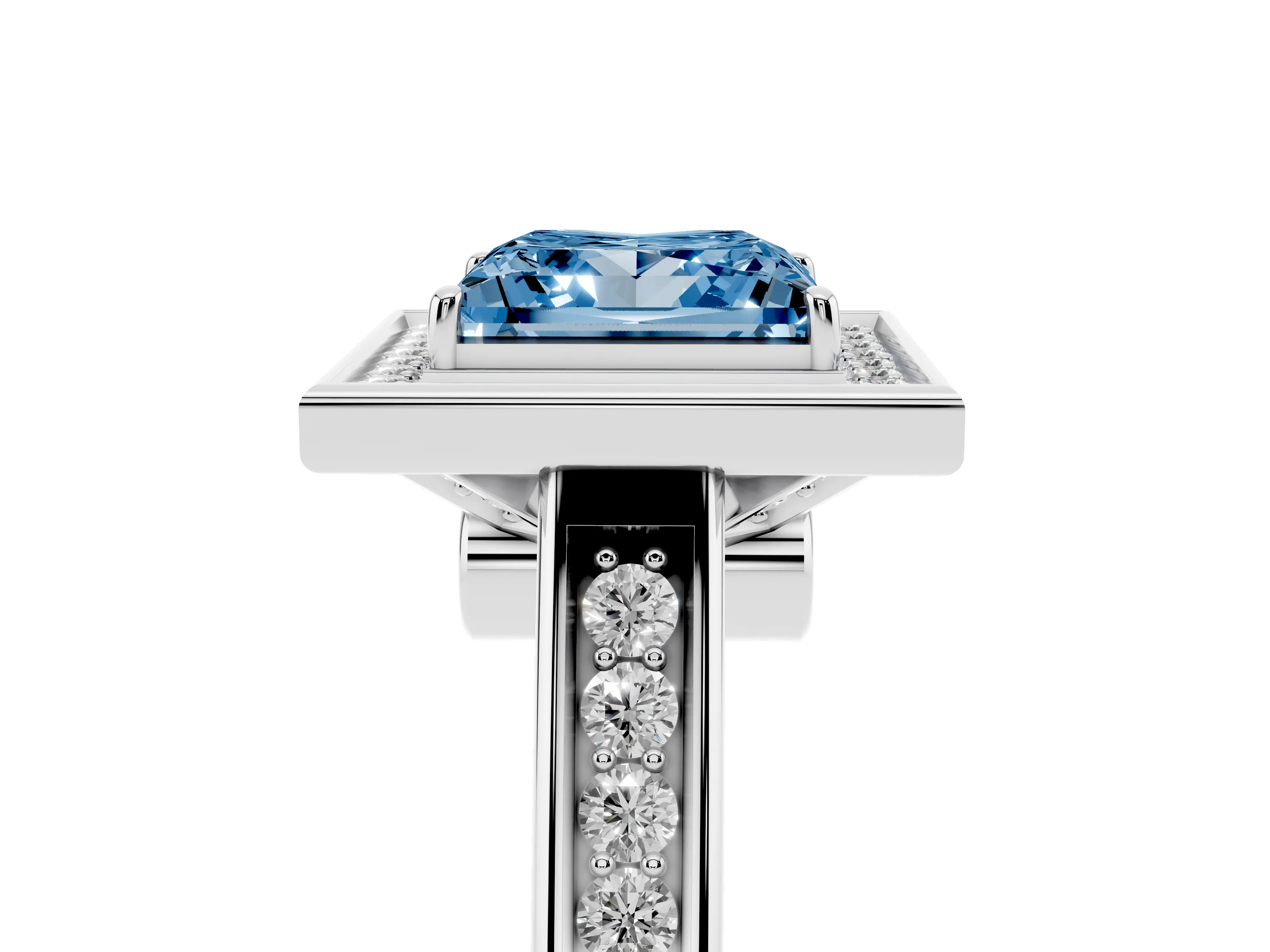 Fancy Blue Princess Cut Diamond Halo Solitaire Ring Set in Platinum with Pavé Band and Bezel Setting