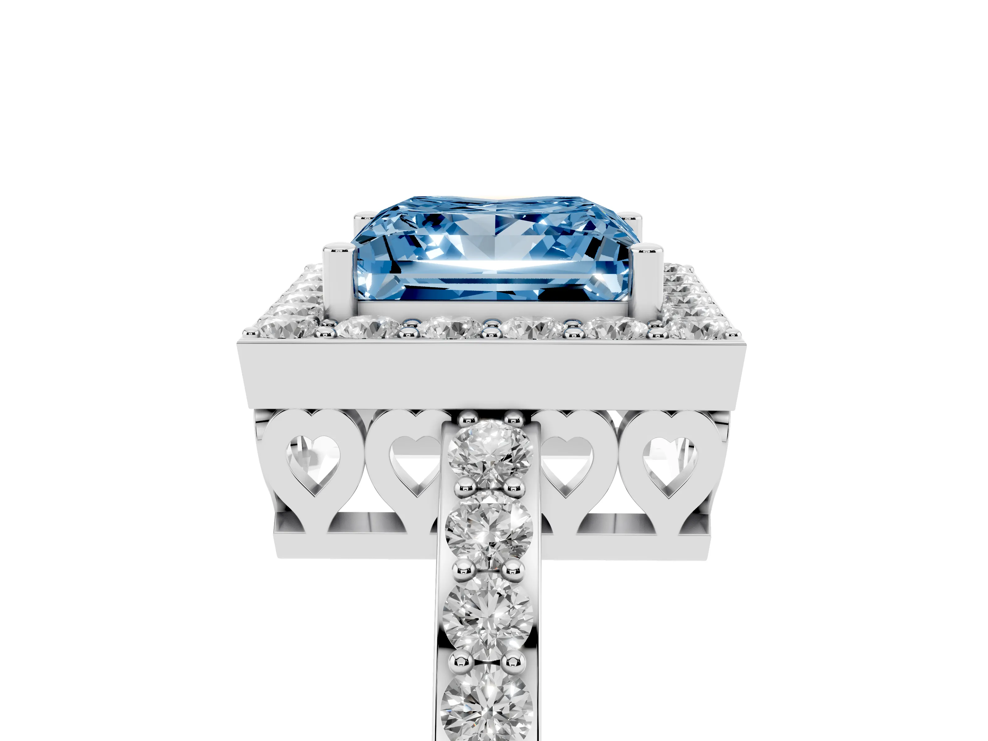 Fancy Blue Princess Cut Diamond Halo Ring Set in Silver with Pavé-Setting Band and Open Prong Center