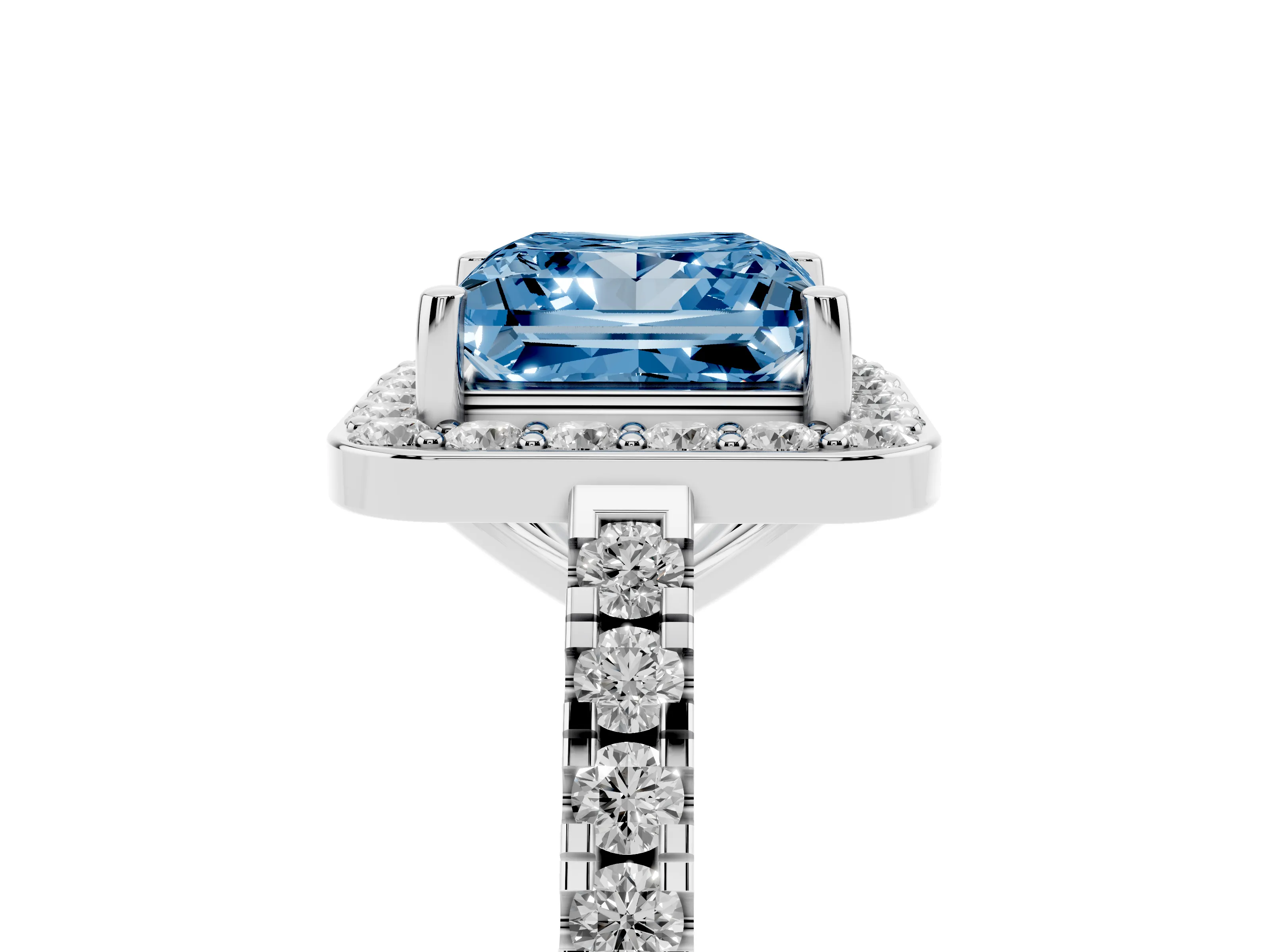 Fancy Blue Princess Cut Diamond Halo Ring Set in Platinum with Round Pavé Split Shank and Prong Setting