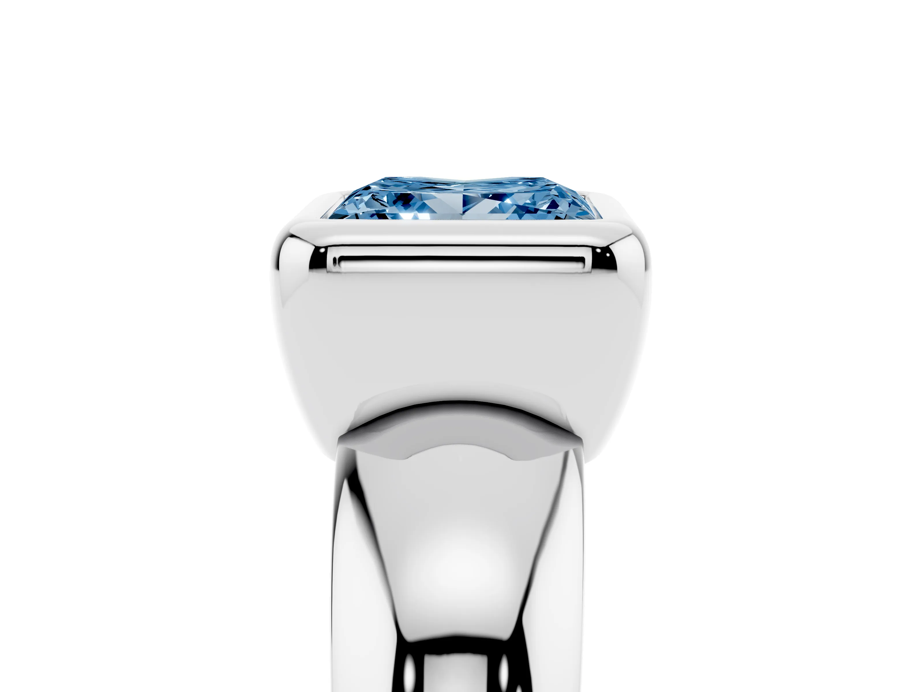 Fancy Blue Bezel Set Princess Cut Diamond Solitaire Ring Set in White gold with Wide Band