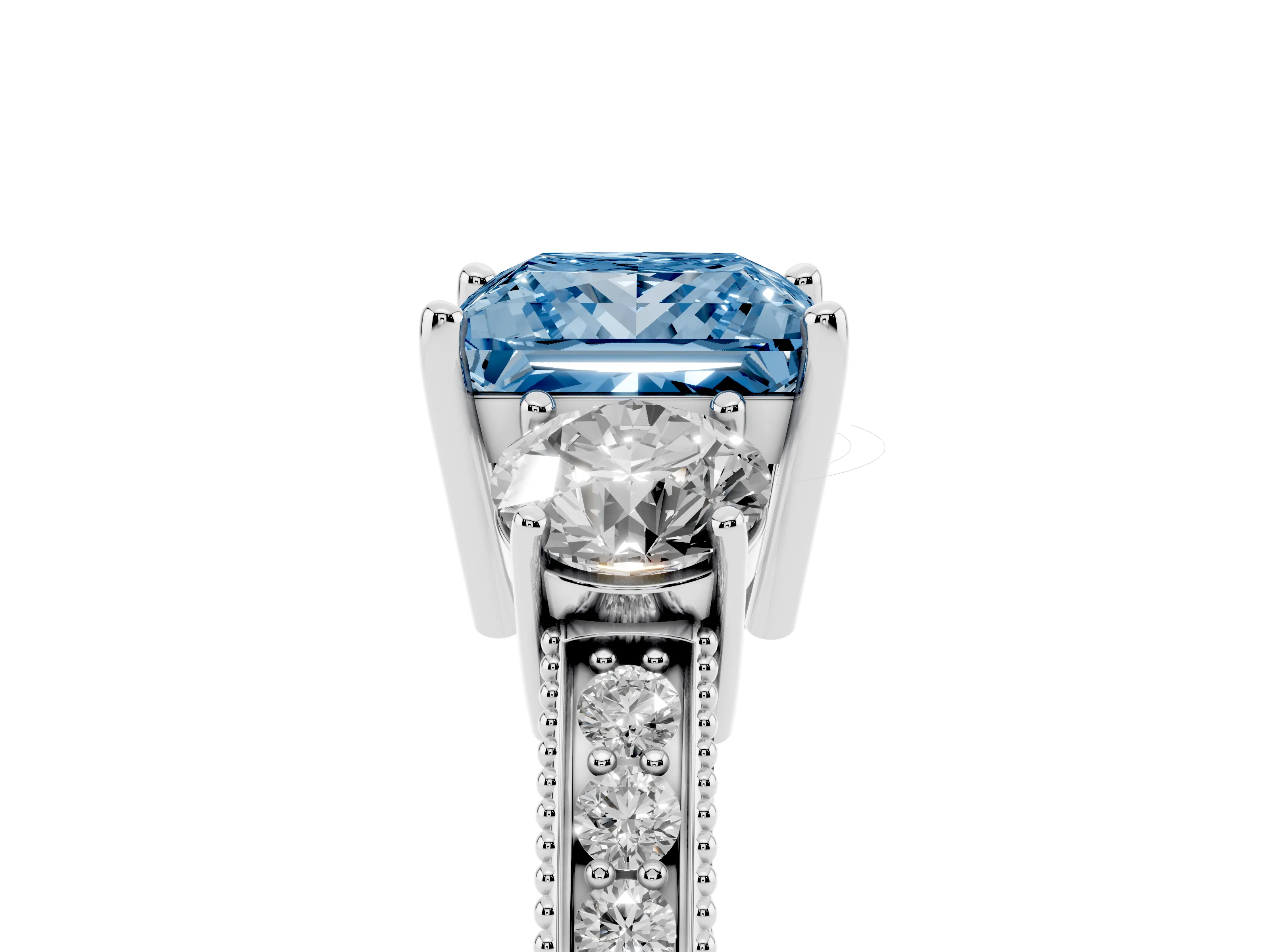 Fancy Blue Princess Cut Diamond Three-Stone Ring Set in White gold with Round Side Stones and Pavé Band