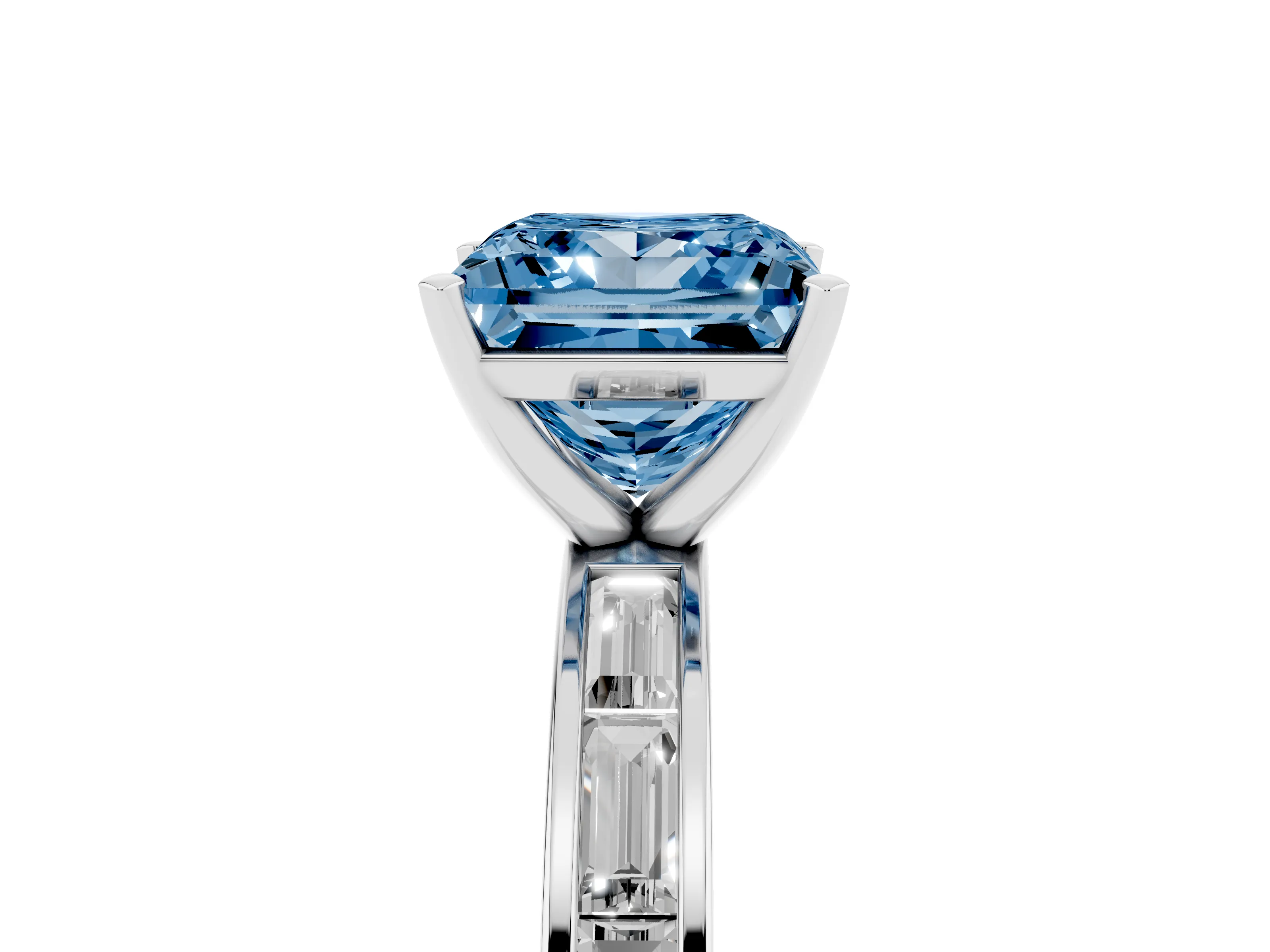 Fancy Blue Princess Cut Diamond Solitaire Ring Set in Platinum with Channel-Set Baguette Band and Prong Setting