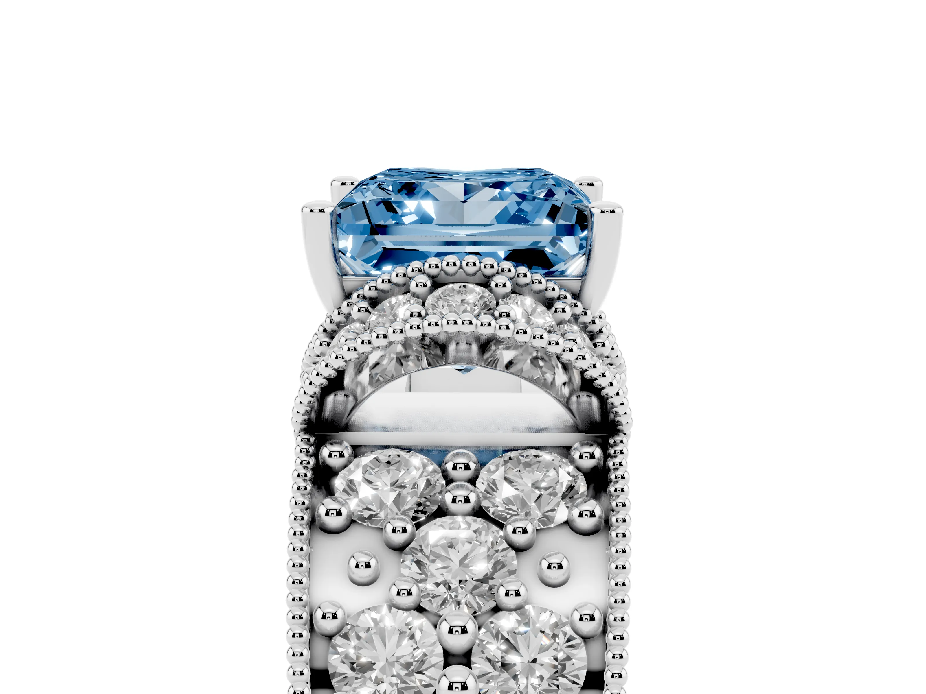 Fancy Blue Princess Cut Diamond Milgrain Halo Pavé Engagement Ring Set in Silver with Prong Setting