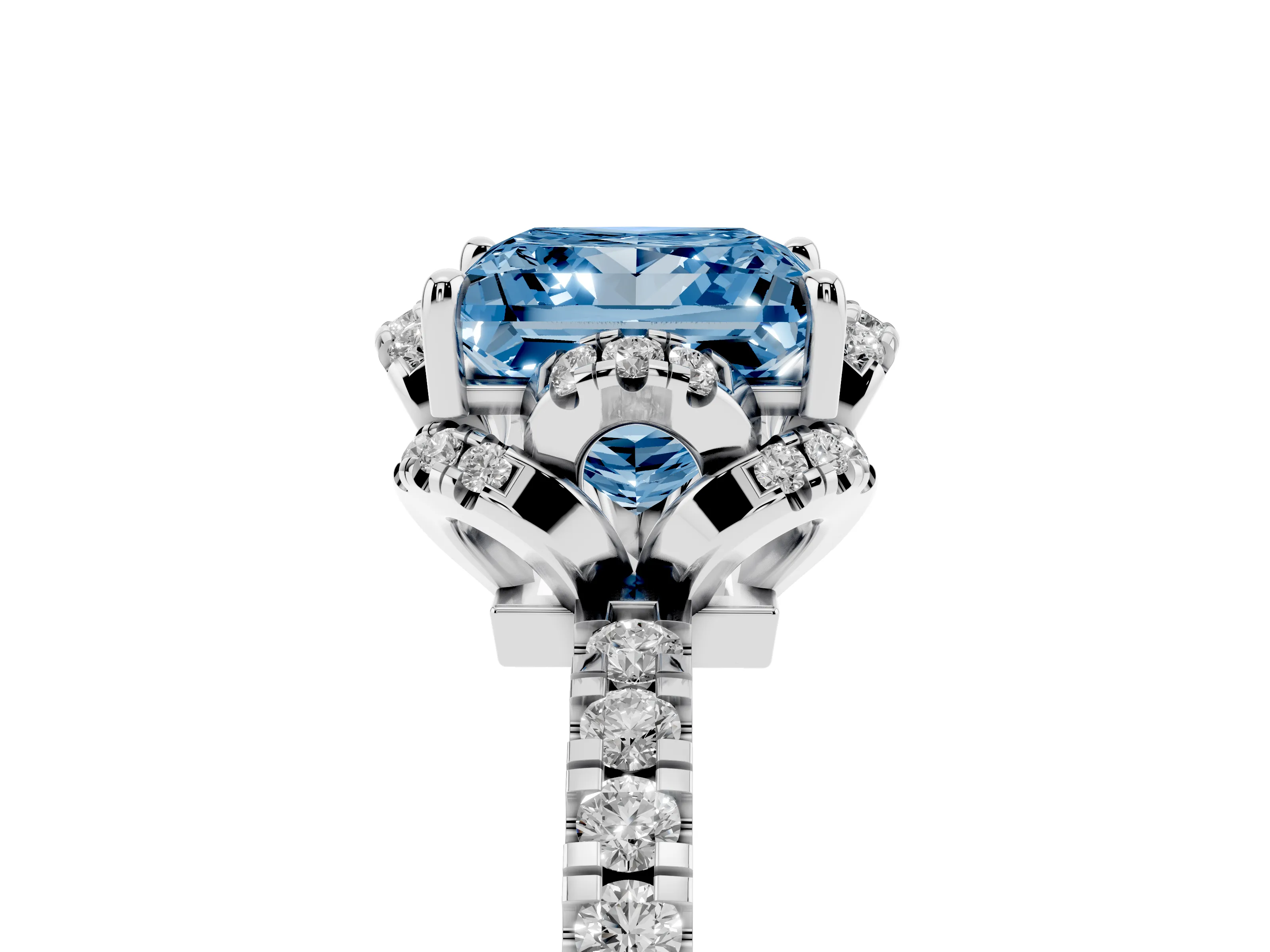 Fancy Blue Princess Cut Diamond Halo Pavé Band Ring Set in Platinum with Prong-Held Center