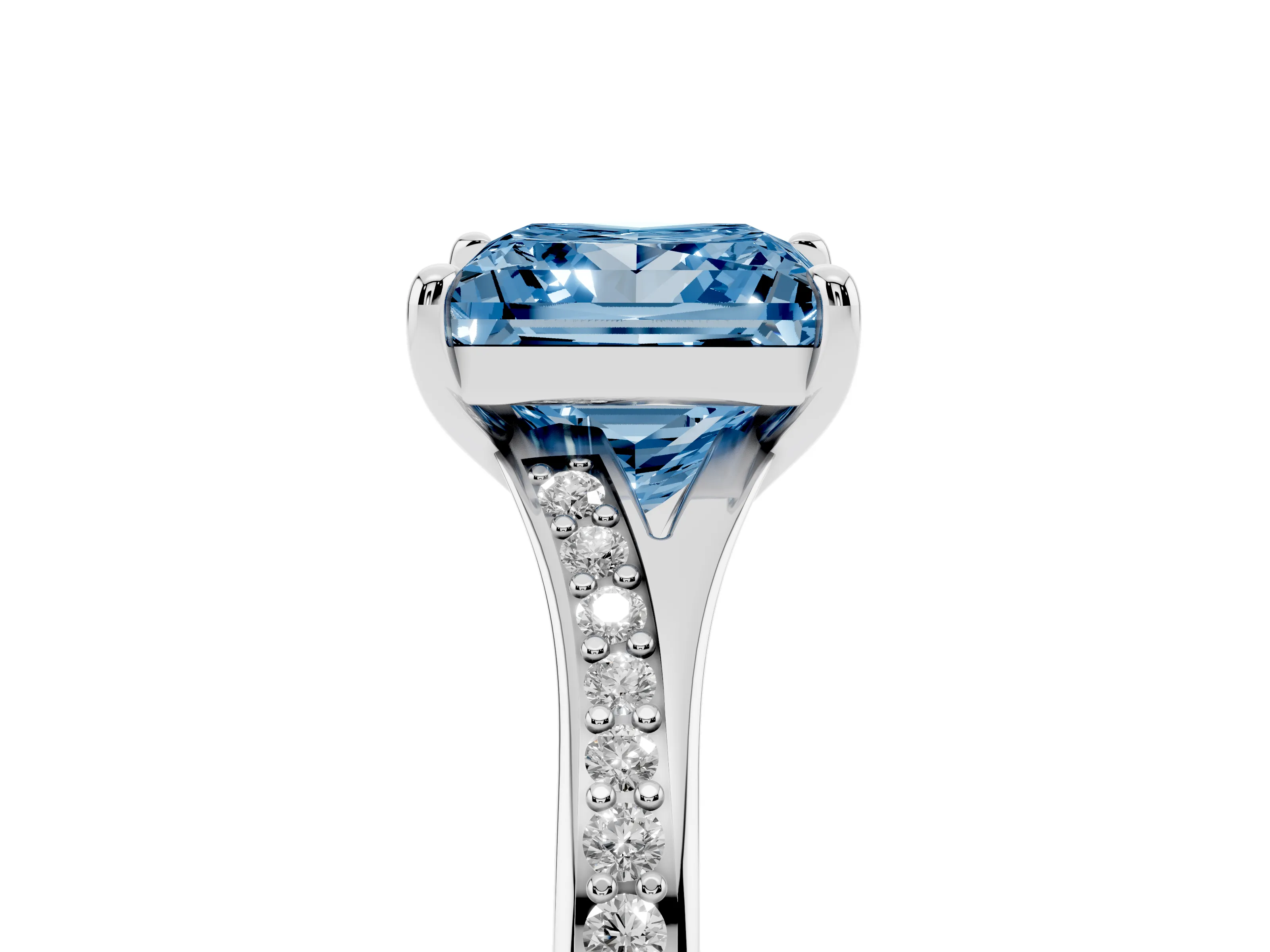 Fancy Blue Princess Cut Diamond Solitaire Ring Set in Silver with Pavé Accent Band and Classic Prong Setting
