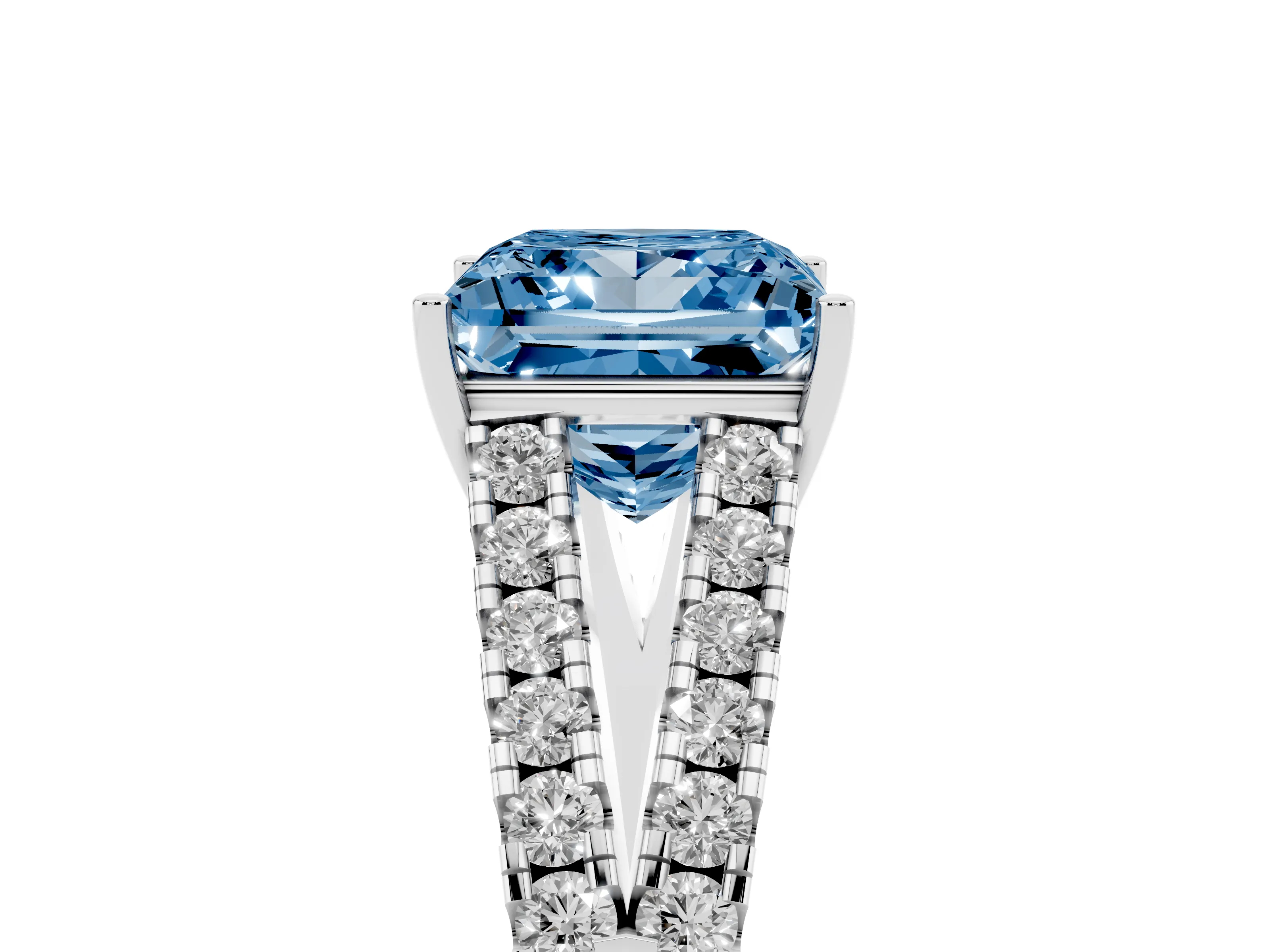 Fancy Blue Princess Cut Diamond Split Shank Pavé Engagement Ring Set in Platinum with Prong-Held Center Stone