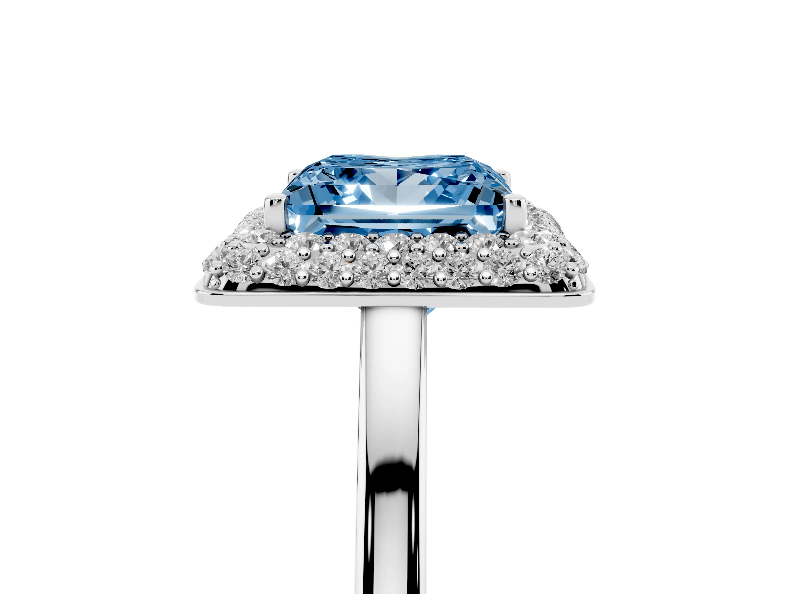 Fancy Blue Princess Cut Diamond Halo Engagement Ring Set in White gold with Solitaire Band and Prong Setting
