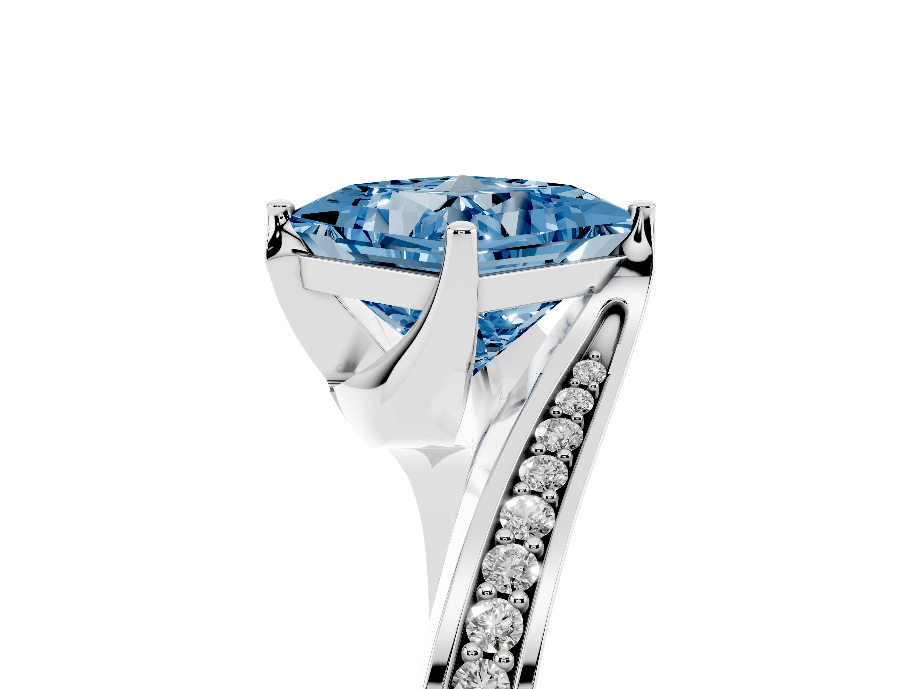 Fancy Blue Princess Cut Diamond Solitaire Ring Set in Platinum with Intertwined Pavé Twist Band