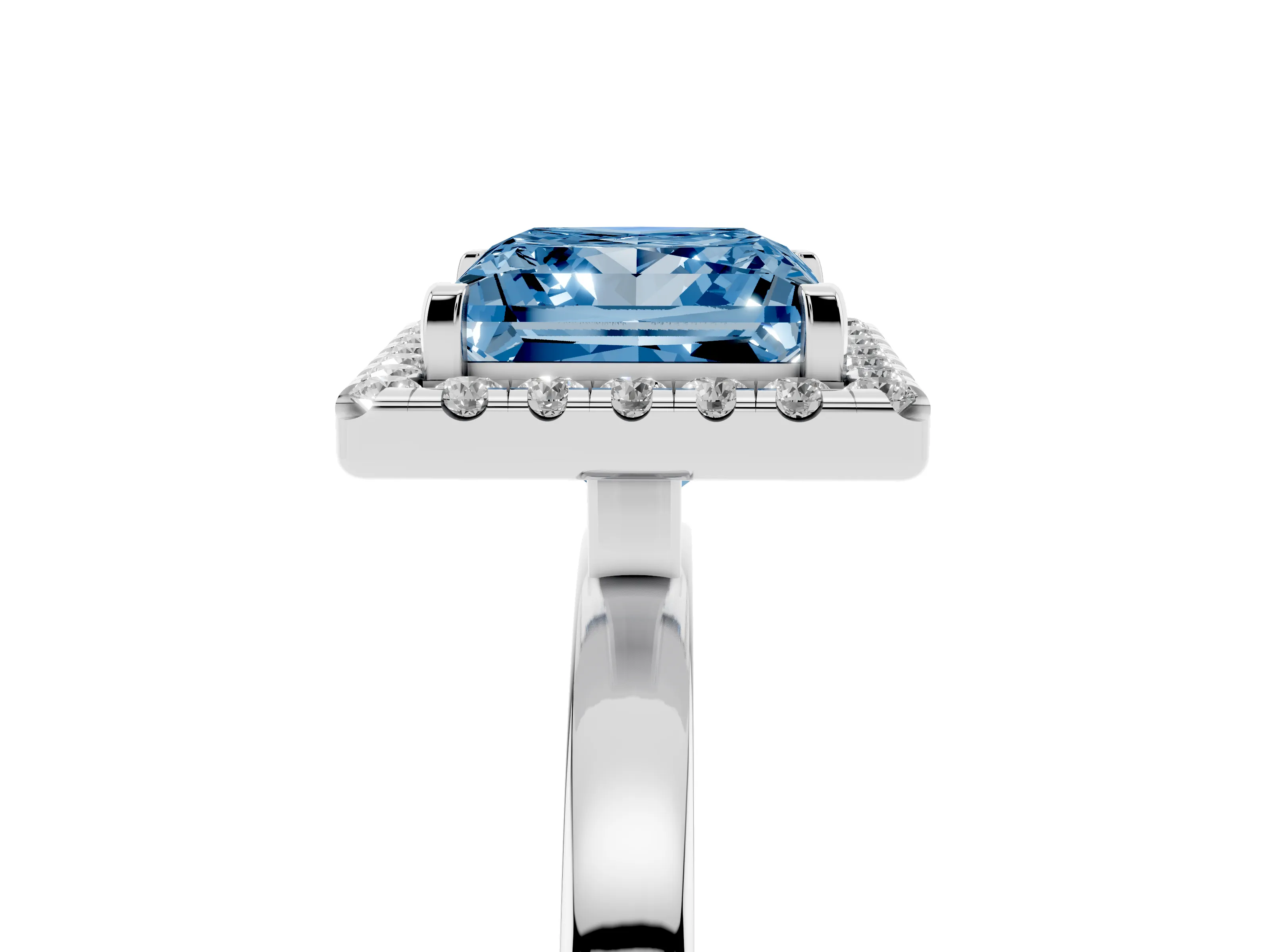 Fancy Blue Princess Cut Diamond Halo Solitaire Ring Set in White gold with Pavé Band and Prong Setting