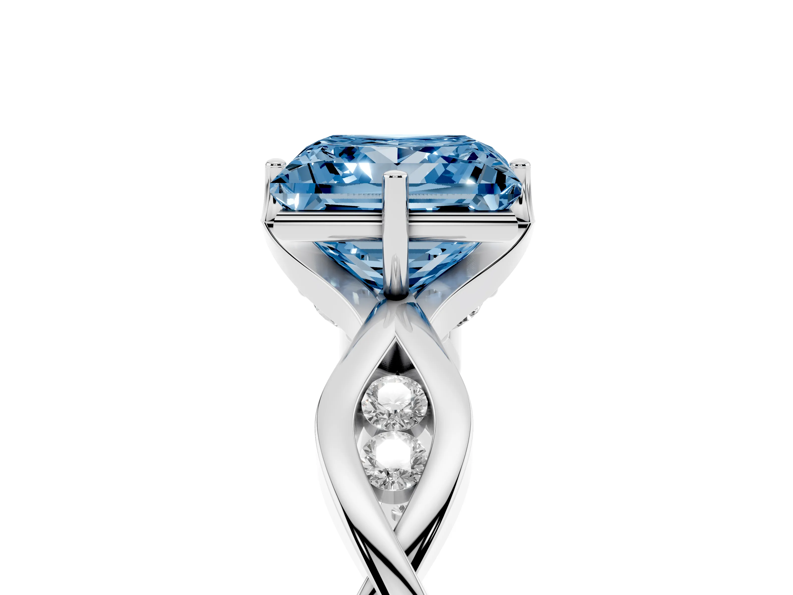 Fancy Blue Princess Cut Diamond Twist Band Solitaire Ring Set in Platinum with Leaf Prong Setting and Accent Stones