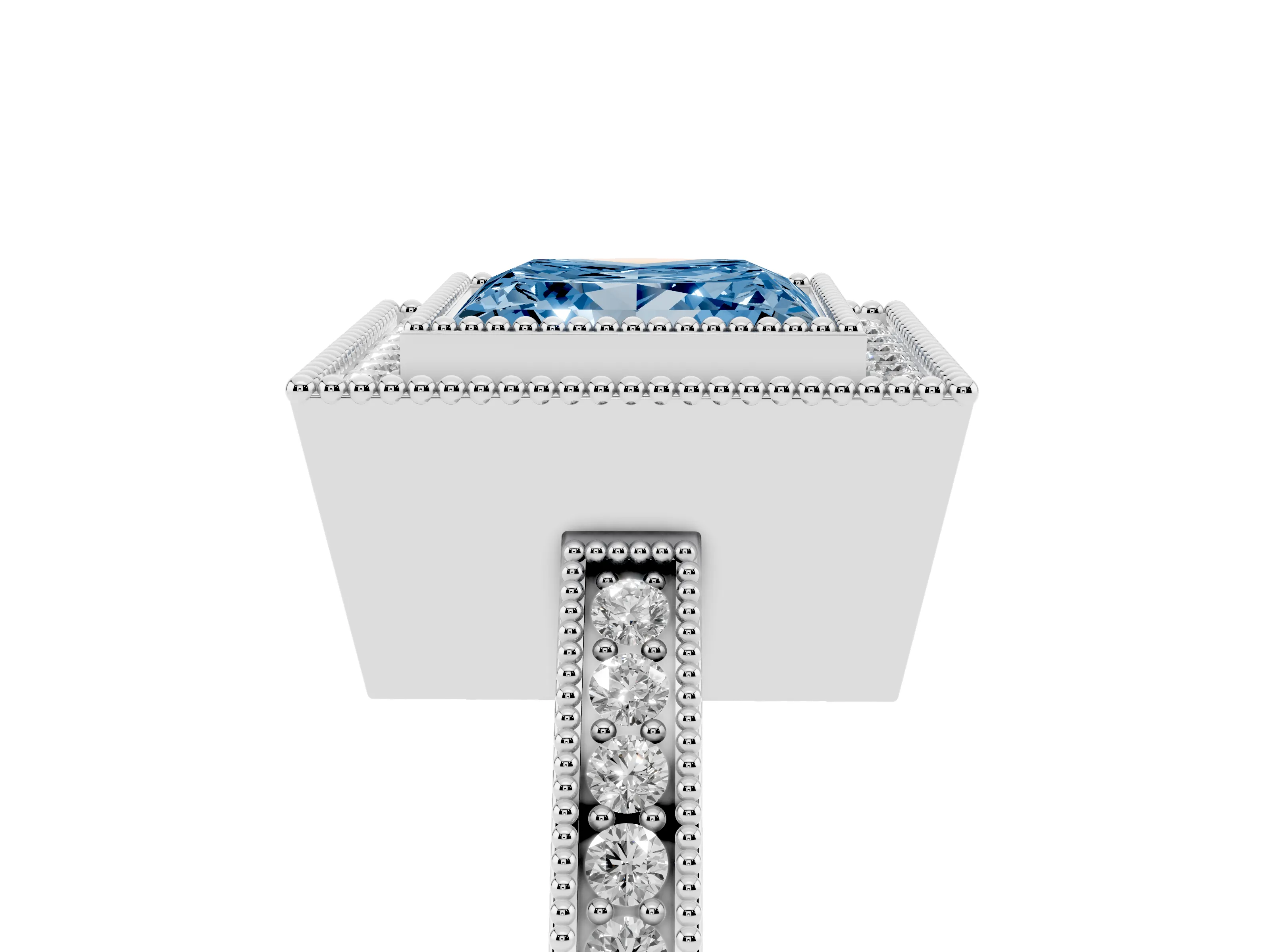 Fancy Blue Princess Cut Diamond Halo Ring Set in Silver with Pavé Band and Milgrain-Edged Prongs