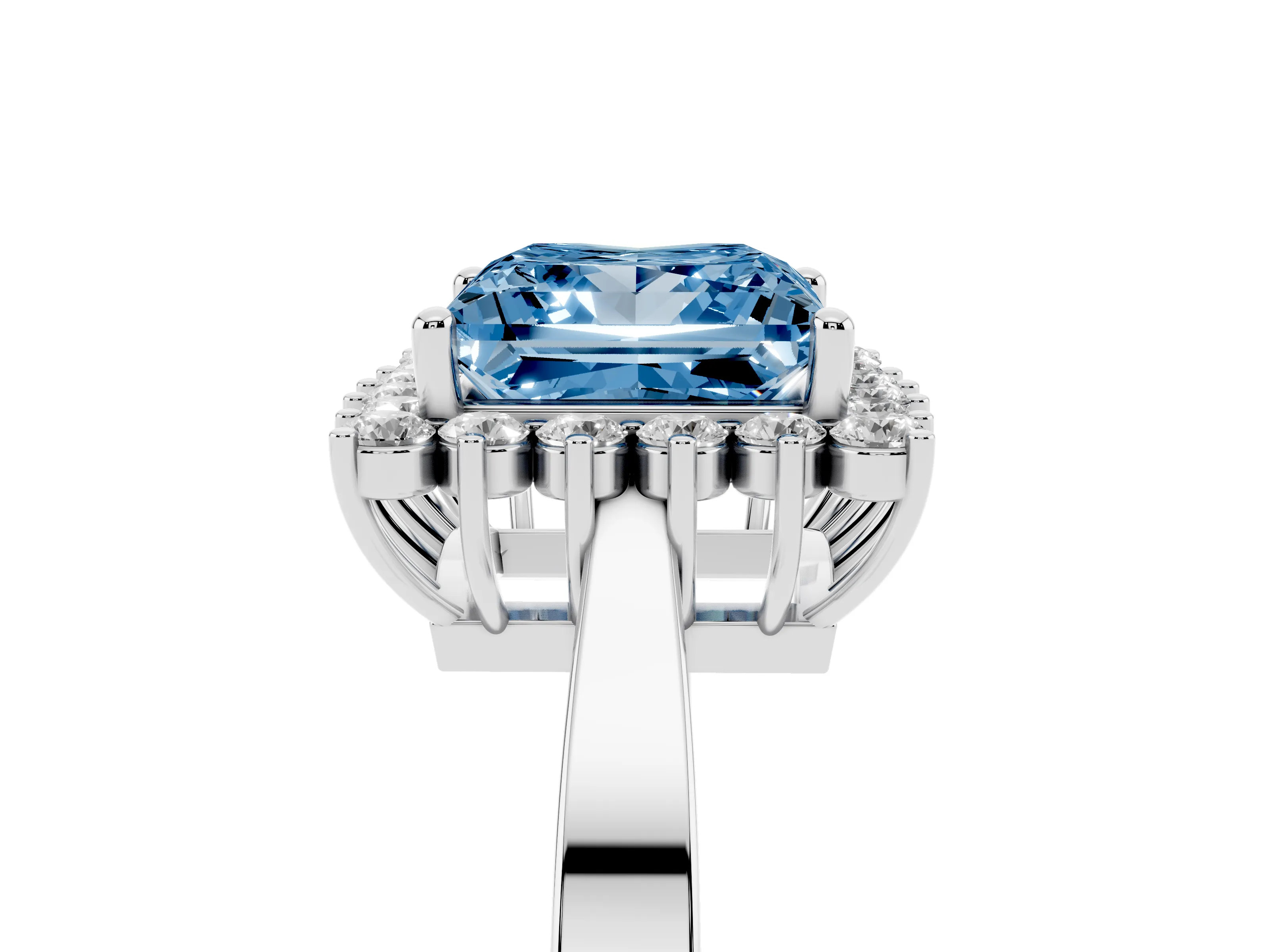 Fancy Blue Princess Cut Diamond Halo Ring Set in Platinum with Round Halo and Smooth Solitaire Band