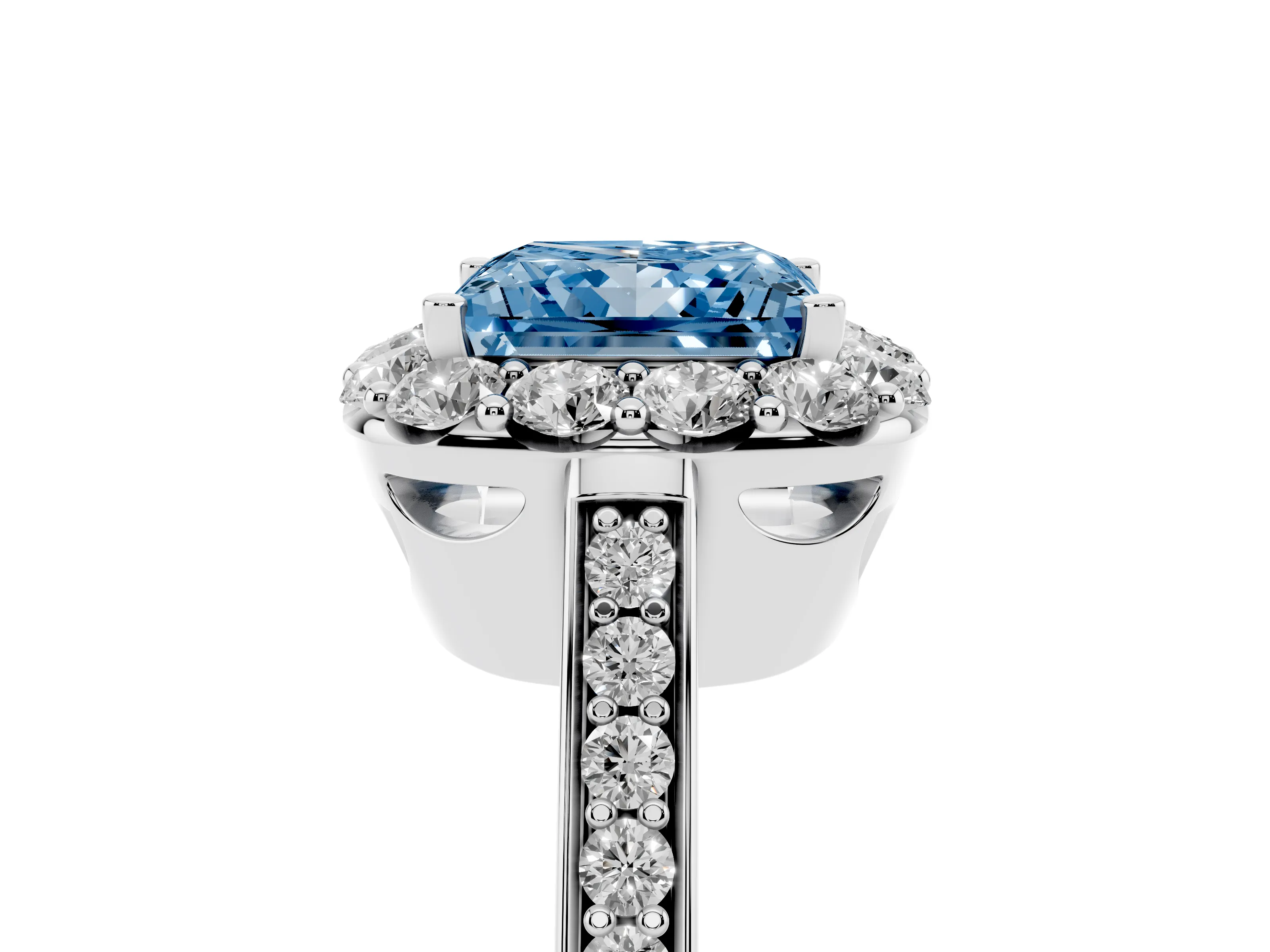 Fancy Blue Princess Cut Diamond Floral Halo Ring Set in Platinum with Pavé Band and Prong Setting