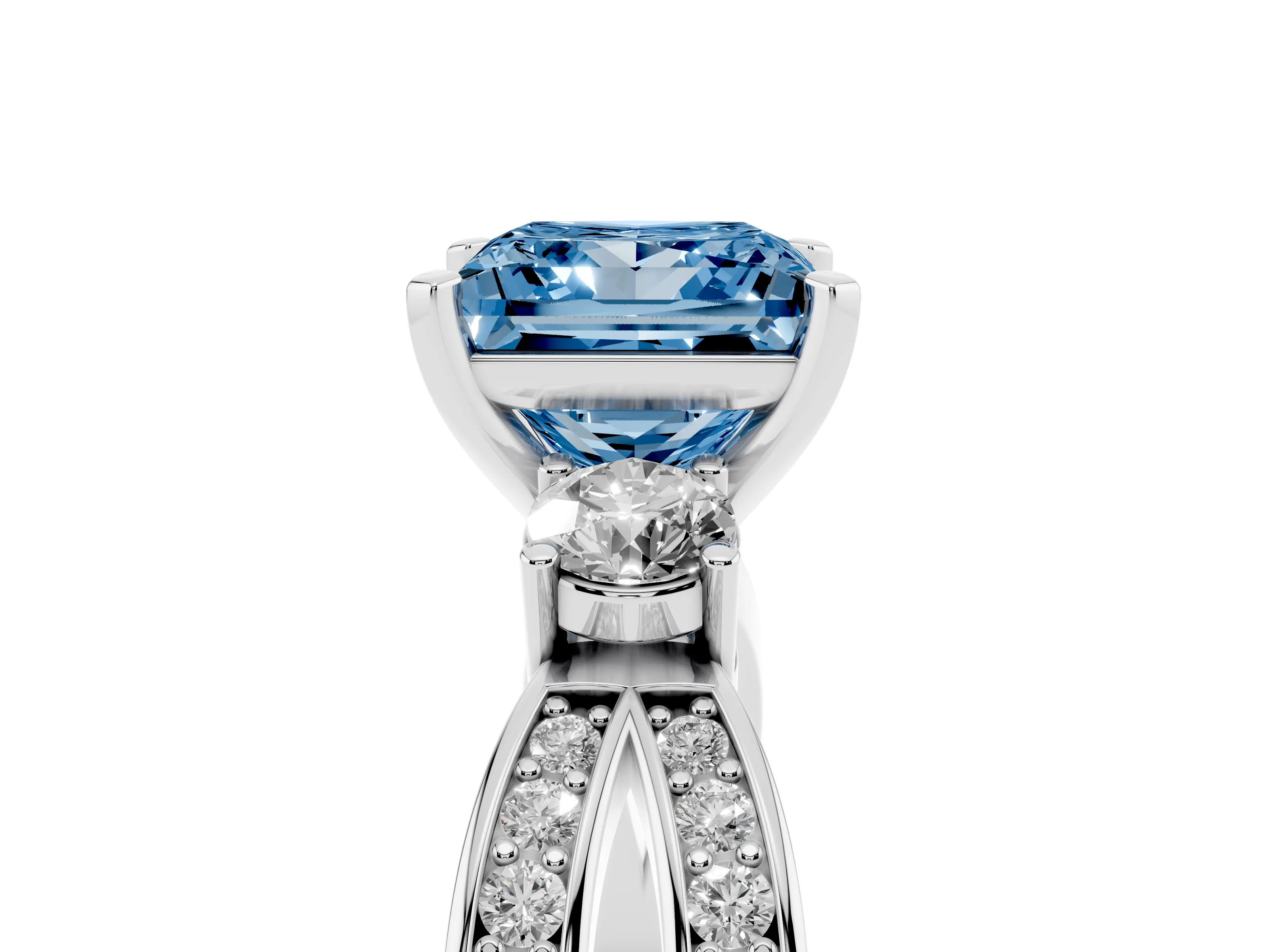 Fancy Blue Three-Stone Princess Cut Diamond Twist Band Ring Set in Silver with Pavé Accents and Prong Setting
