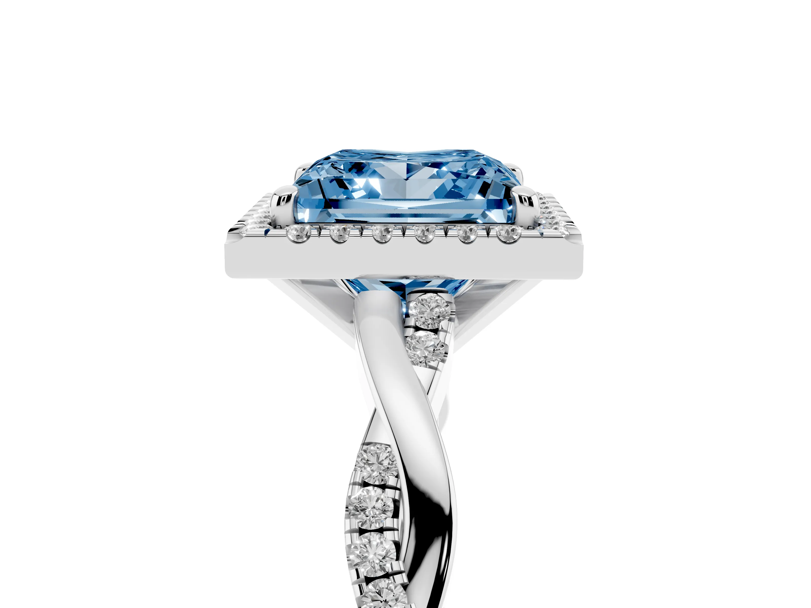 Fancy Blue Princess Cut Diamond Halo Twisted Band Ring Set in Platinum with Prong Setting